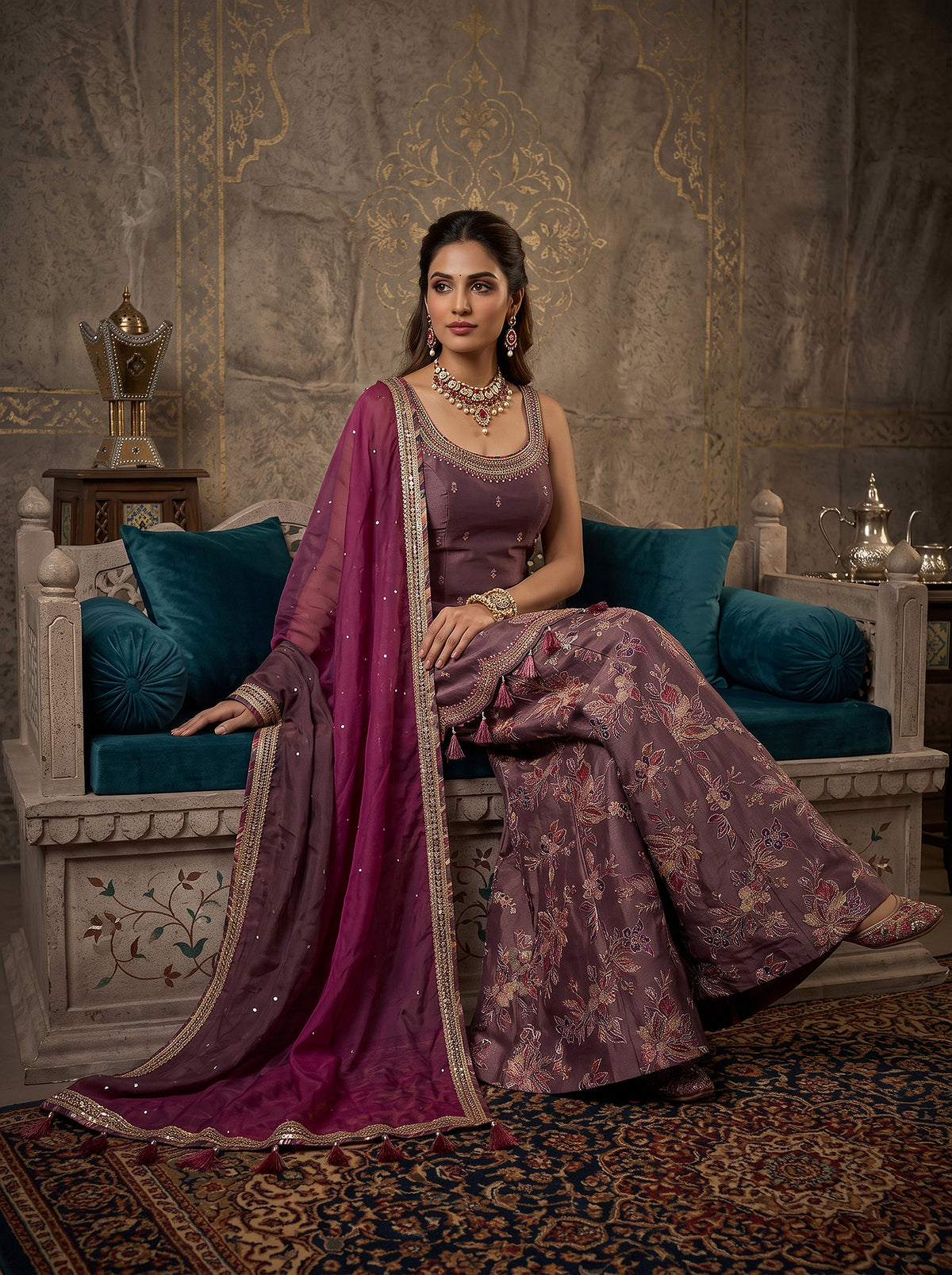 Royal Lilac Radiance | Lilac Silk Floral Embordered Palazzo Set with Handwork | Palkhi Fashion