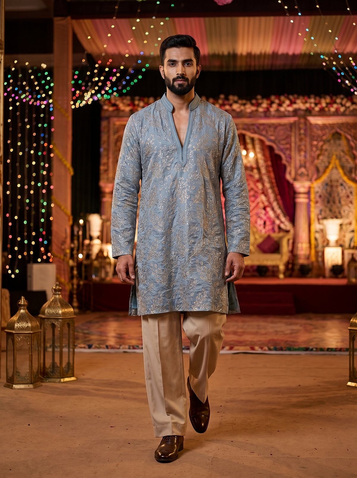 Azure Éclat | Powder Blue Crushed Tissue Kurta Set with Delicate Gold Embroidery | Palkhi Fashion