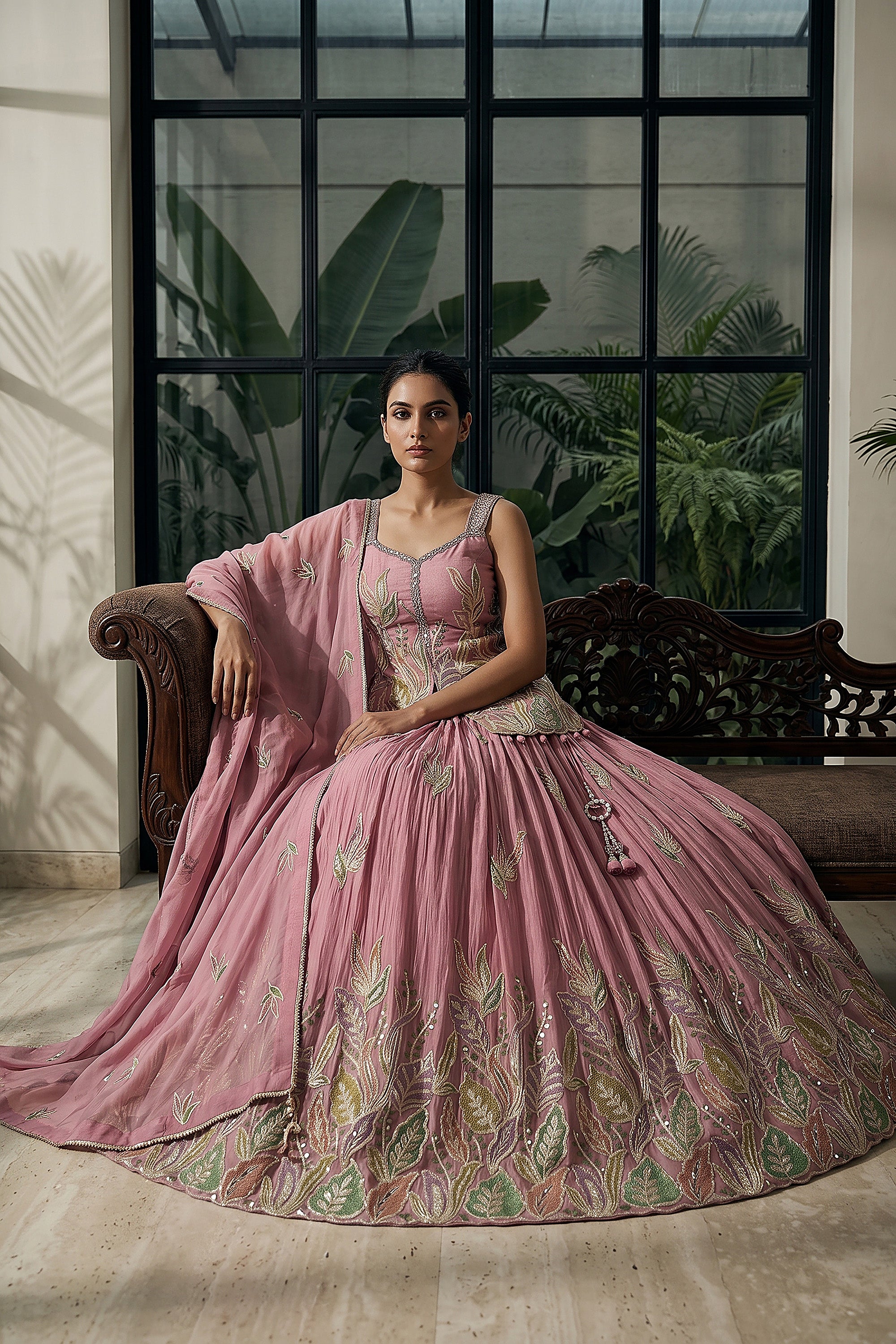Celestial Botanica | Powder Blue Designer Lehenga Set with Mirror-Work Foliage | Palkhi Fashion