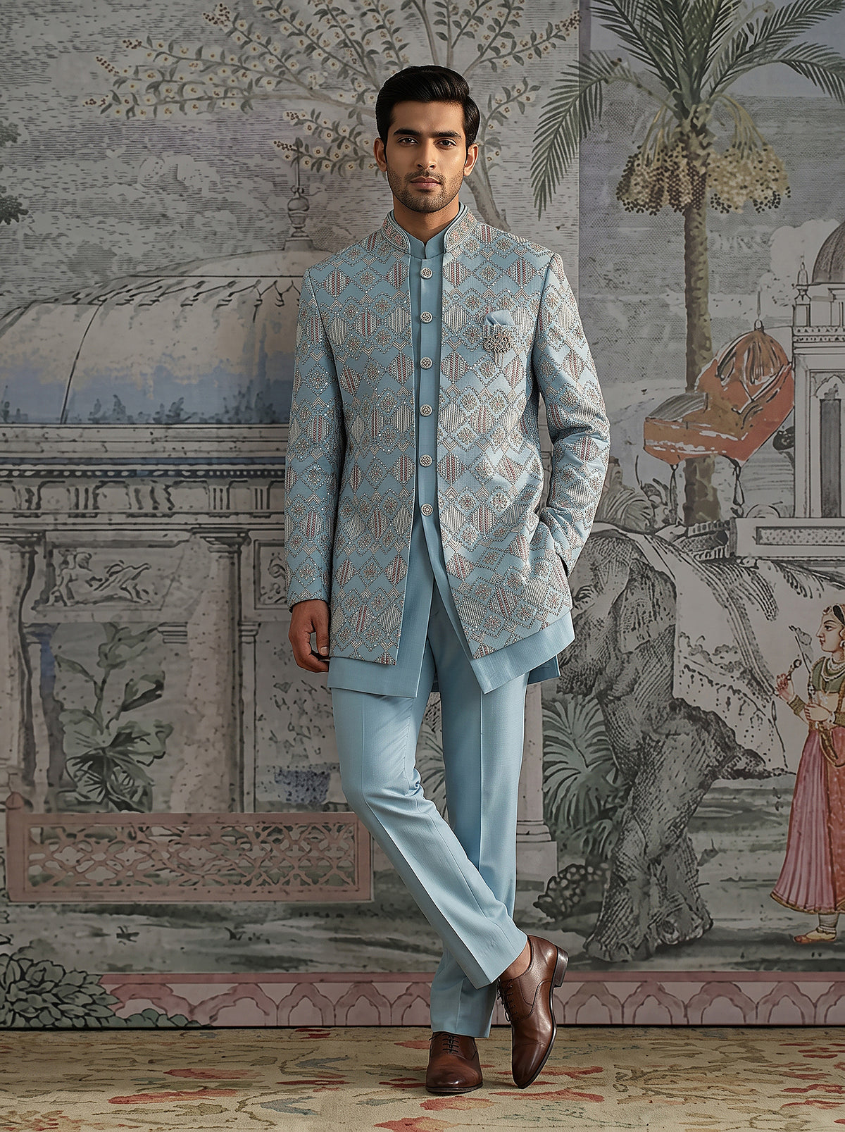 Majestic Elegance | Powder Blue Raw Silk Indo-Western Sherwani Set with Embroidery & Cutdana Work | Palkhi Fashion