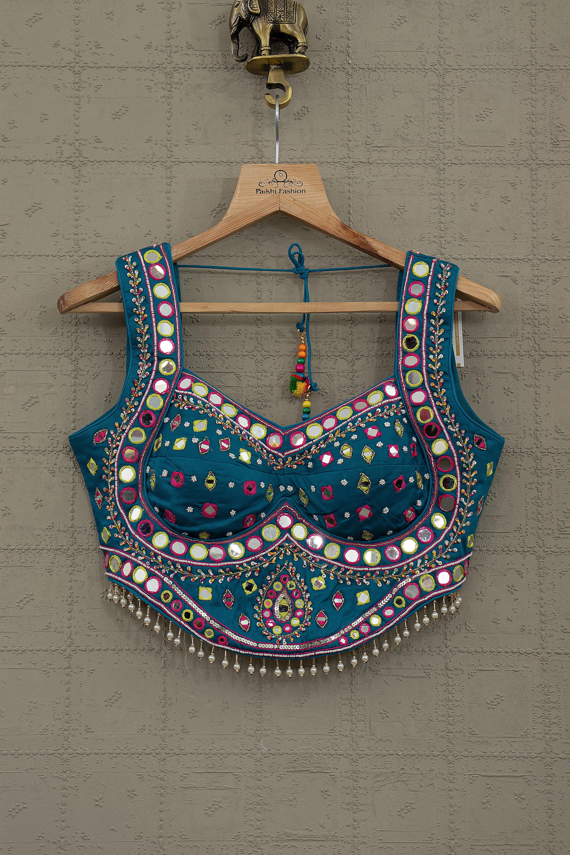 Royal Teal Mirror Work Navratri Chaniya Choli with Designer Corset Blouse | Palkhi Fashion