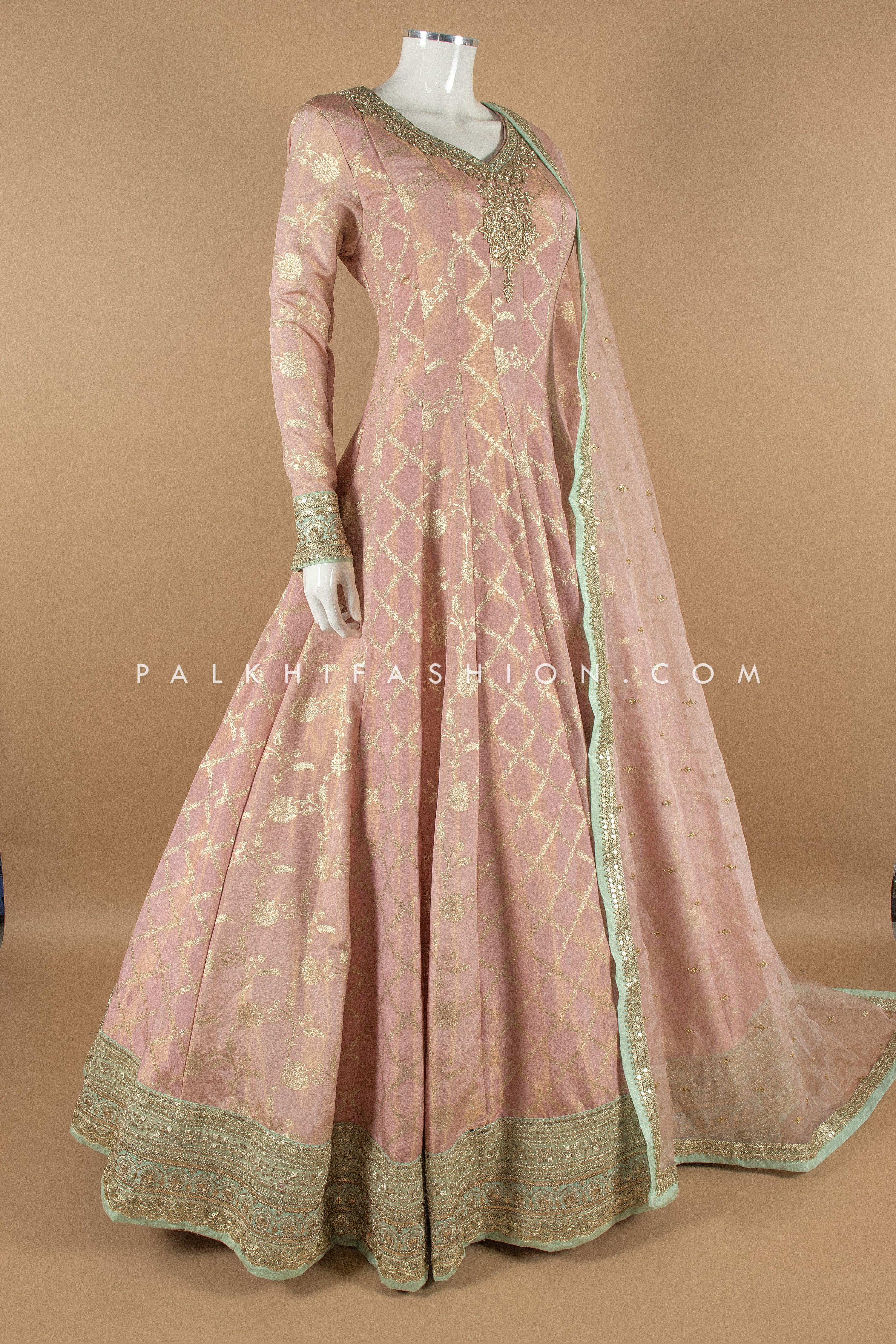 Pure Banarasi Silk Peach Indian Designer Outfit with Handwork