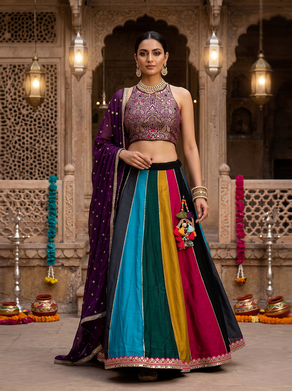 Midnight Joy | Vibrant Purple Banarasi Brocade Halter Chaniya Choli | Palkhi Fashion