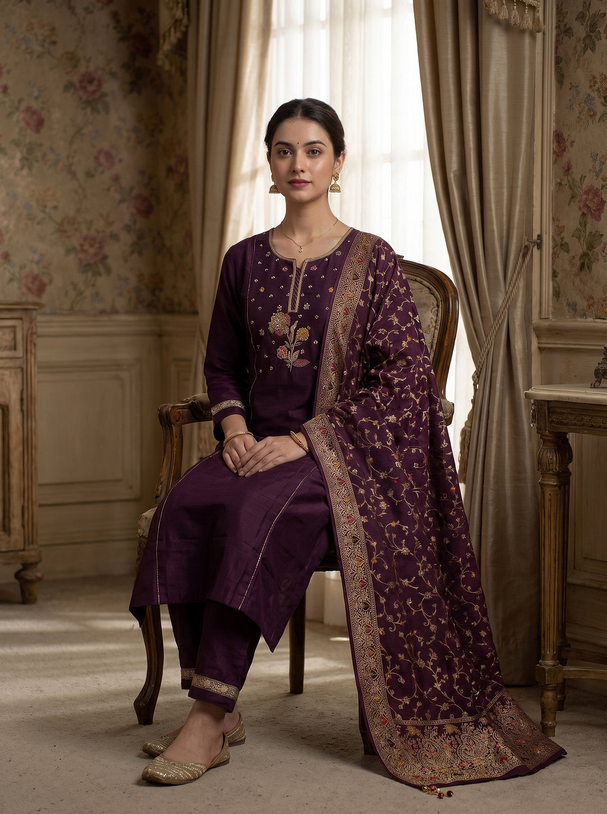 Regal Amethyst | Deep Purple Silk Kurta Set with Banarasi Dupatta | Palkhi Fashion