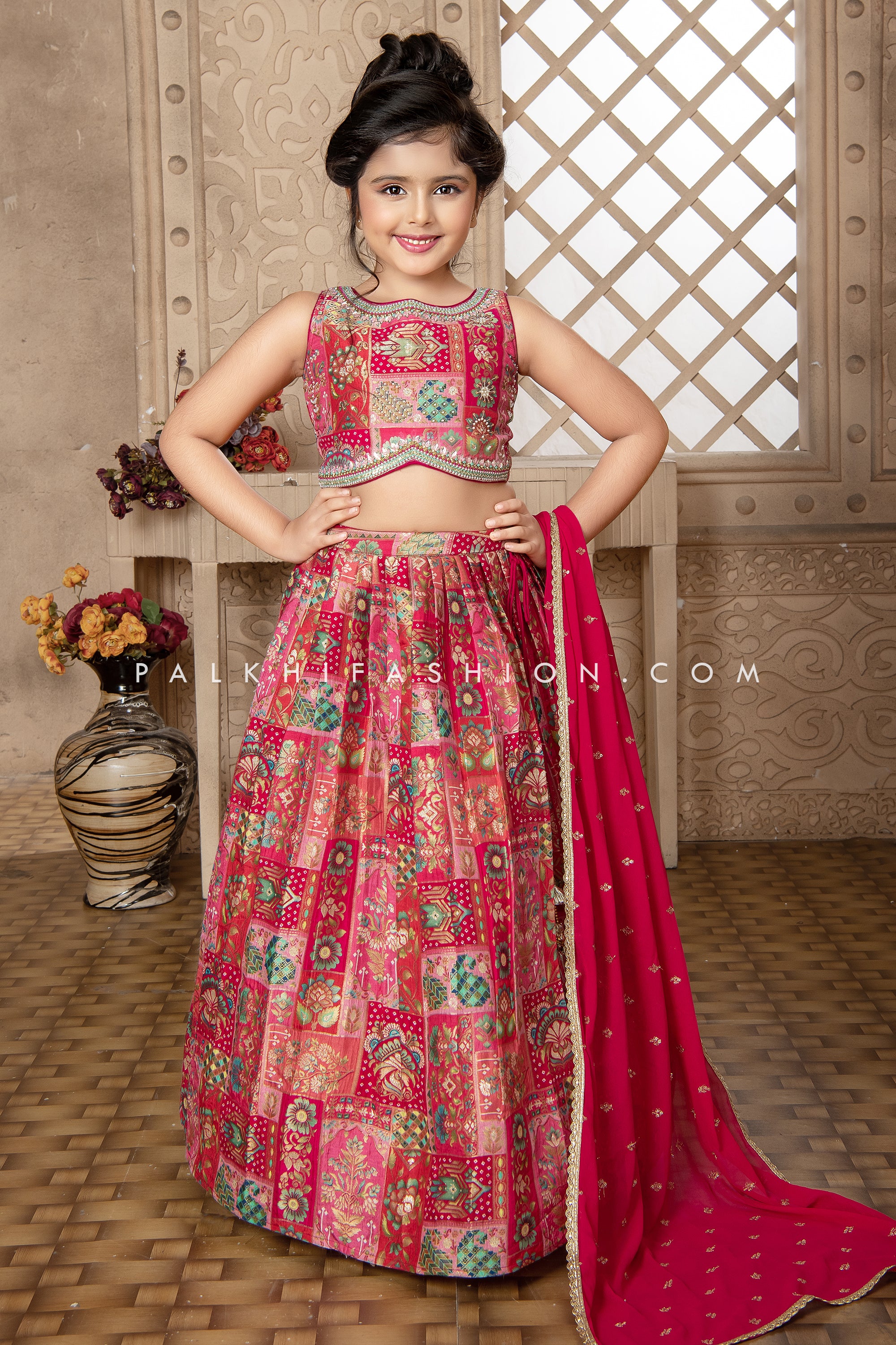 Rani Pink Banarasi Silk Girls Lehenga Choli with Intricate Work
