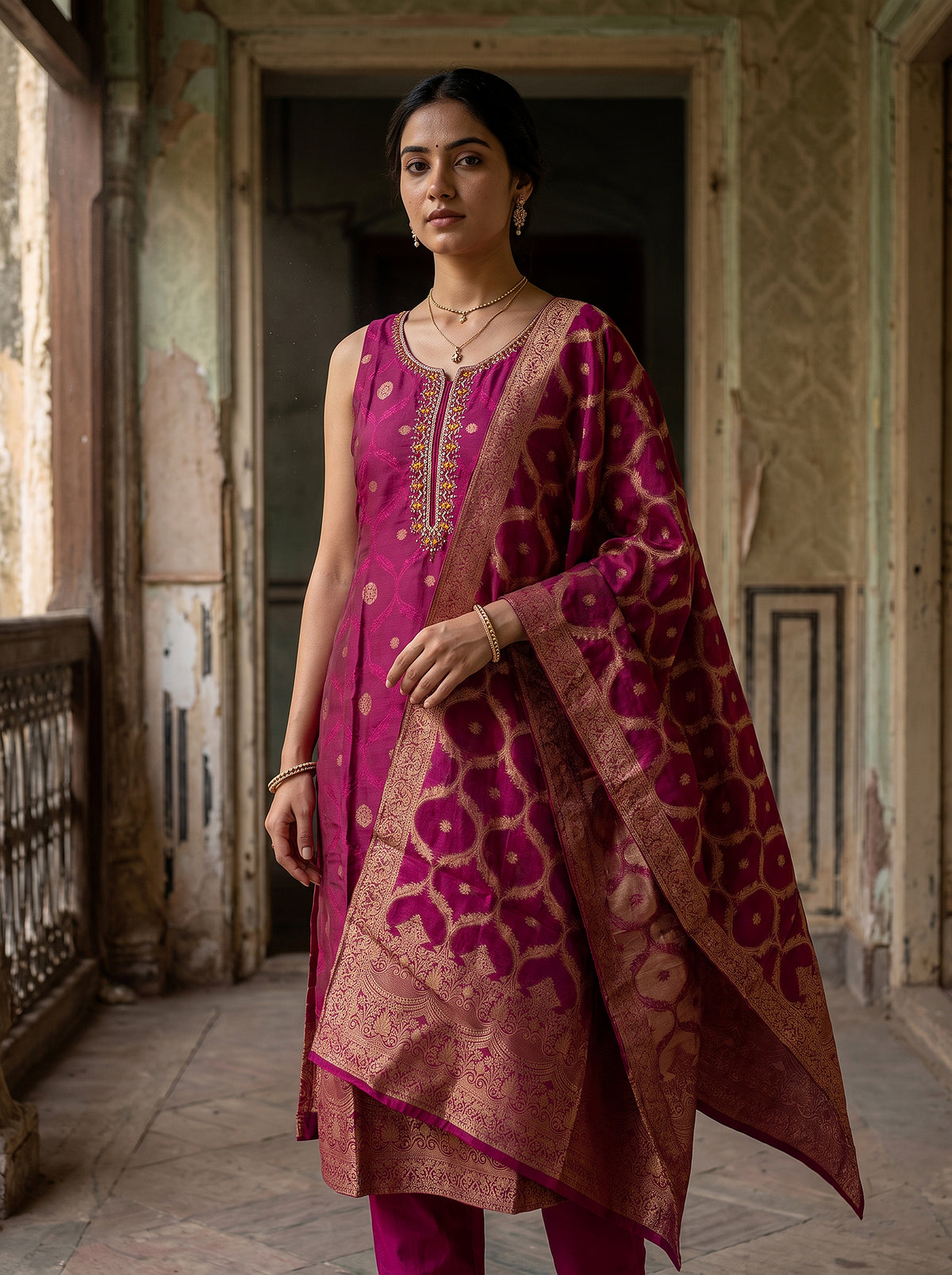 Regal Radiance | Rani Pink Banarasi Silk Kurta Pant Set with Cutdana Work | Palkhi Fashion