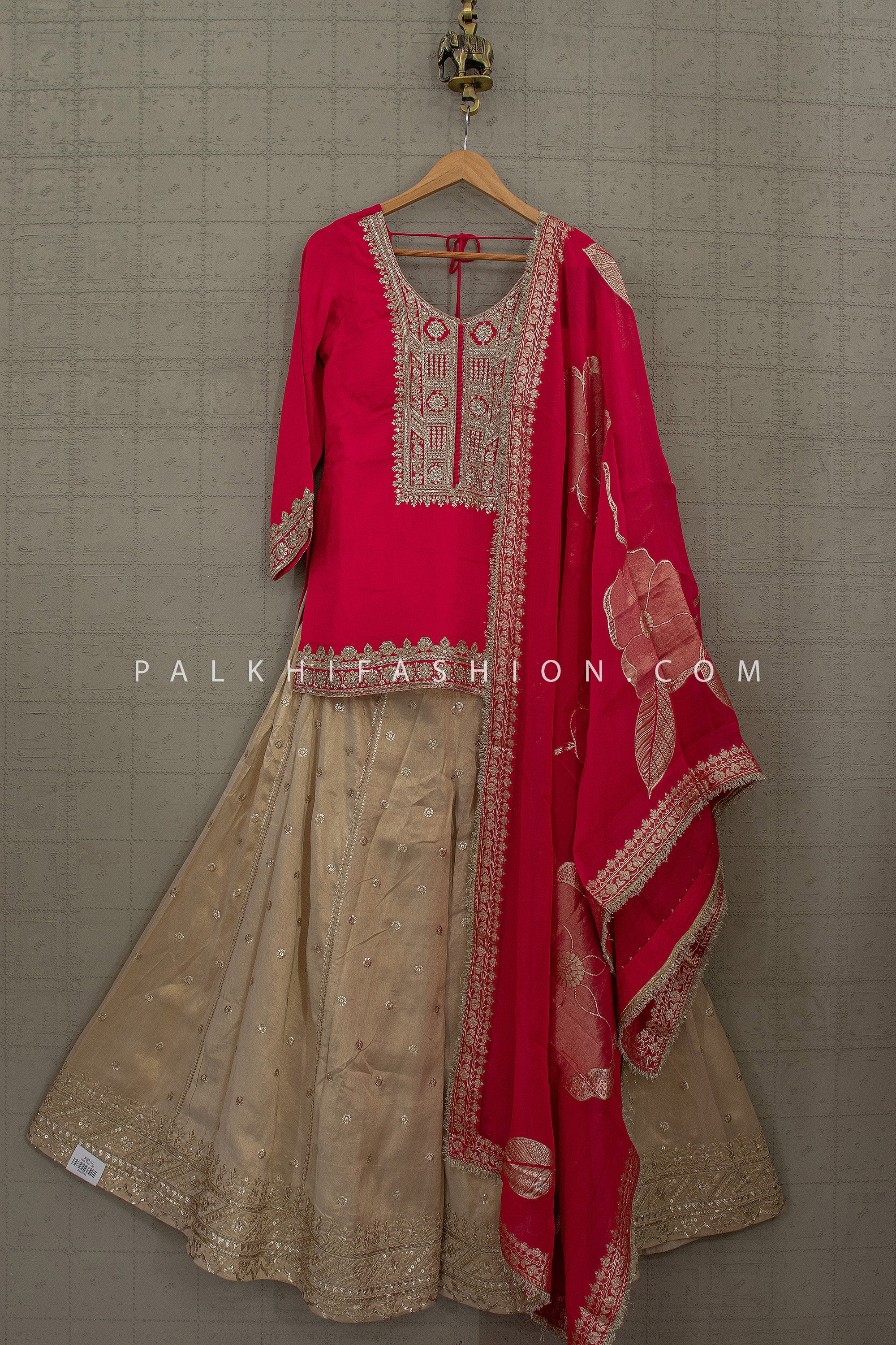 Rani Pink Pure Silk Palazzo Set with Ivory Palazzo & Banarasi Dupatta | Palkhi Fashion