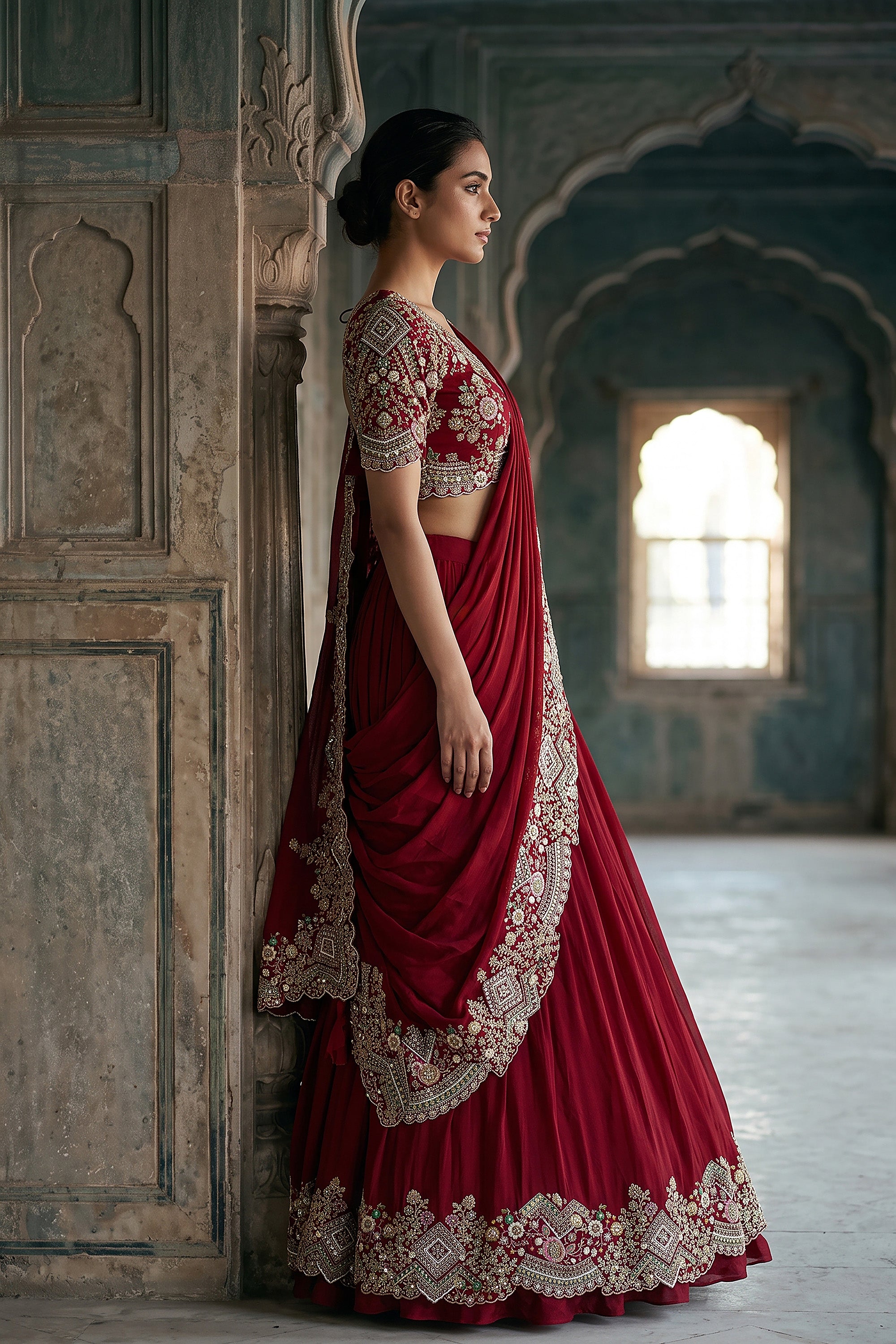 Crimson Majesty | Red Silk Indo-Western Lehenga Saree with Resham Work | Palkhi Fashion