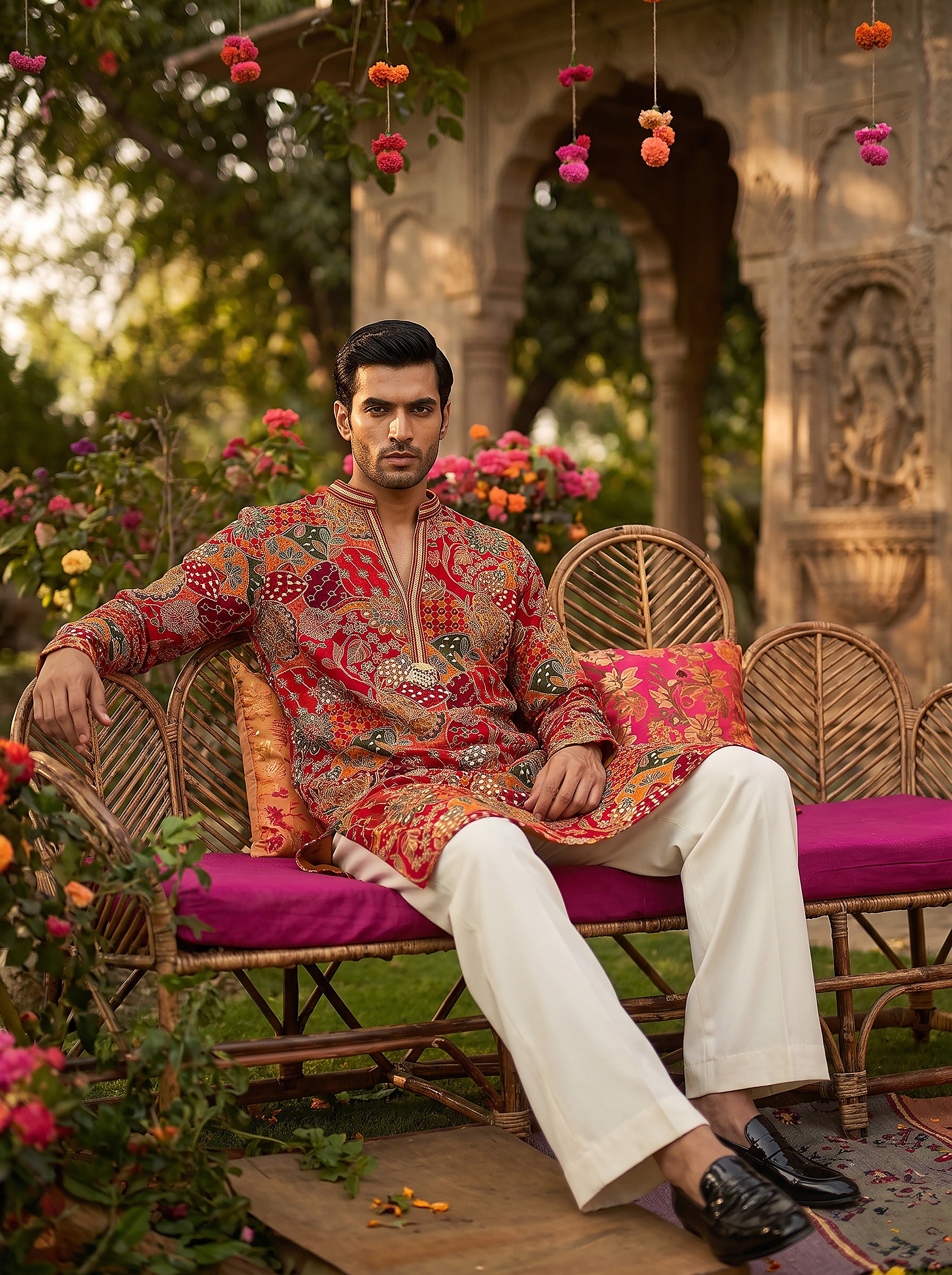 Crimson Tapestry | Red Floral Patchwork Designer Kurta Set with Embroidery Work | Palkhi Fashion