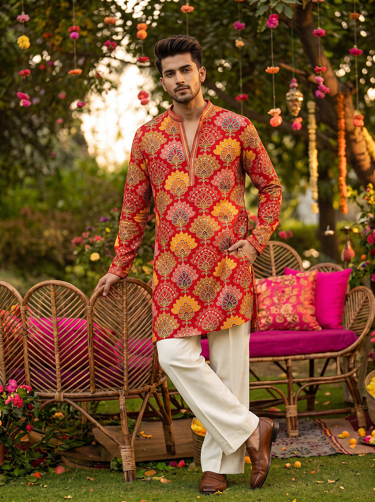 Vibrant Heritage | Multicolored Motif Red Designer Silk Kurta Set | Palkhi Fashion