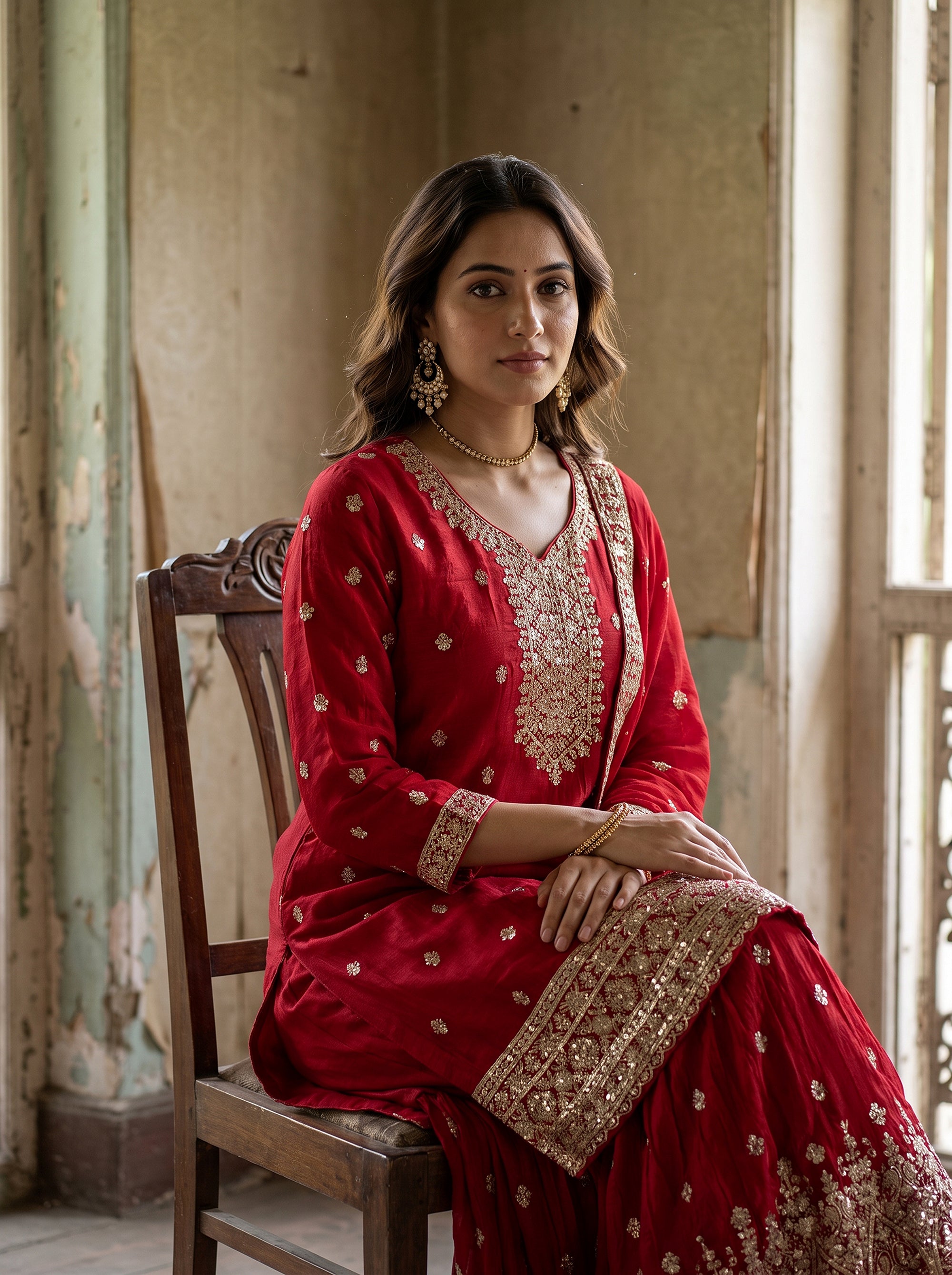 Luxury Crimson Red Kurta Palazzo Set with Embroidered Dupatta | Palkhi Fashion