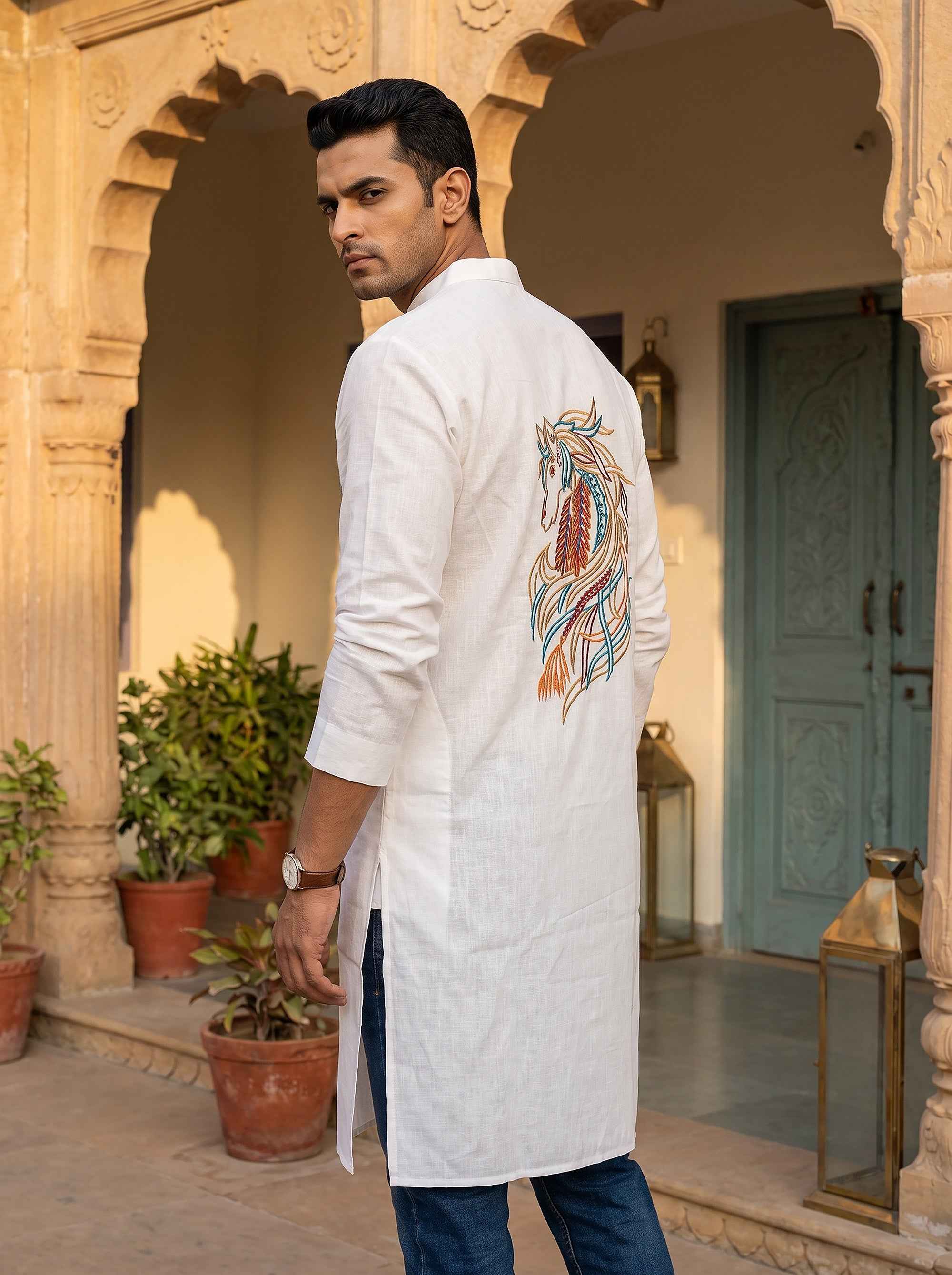 Regal Ashva | White Navratri Embroidered Men's Kurta | Palkhi Fashion
