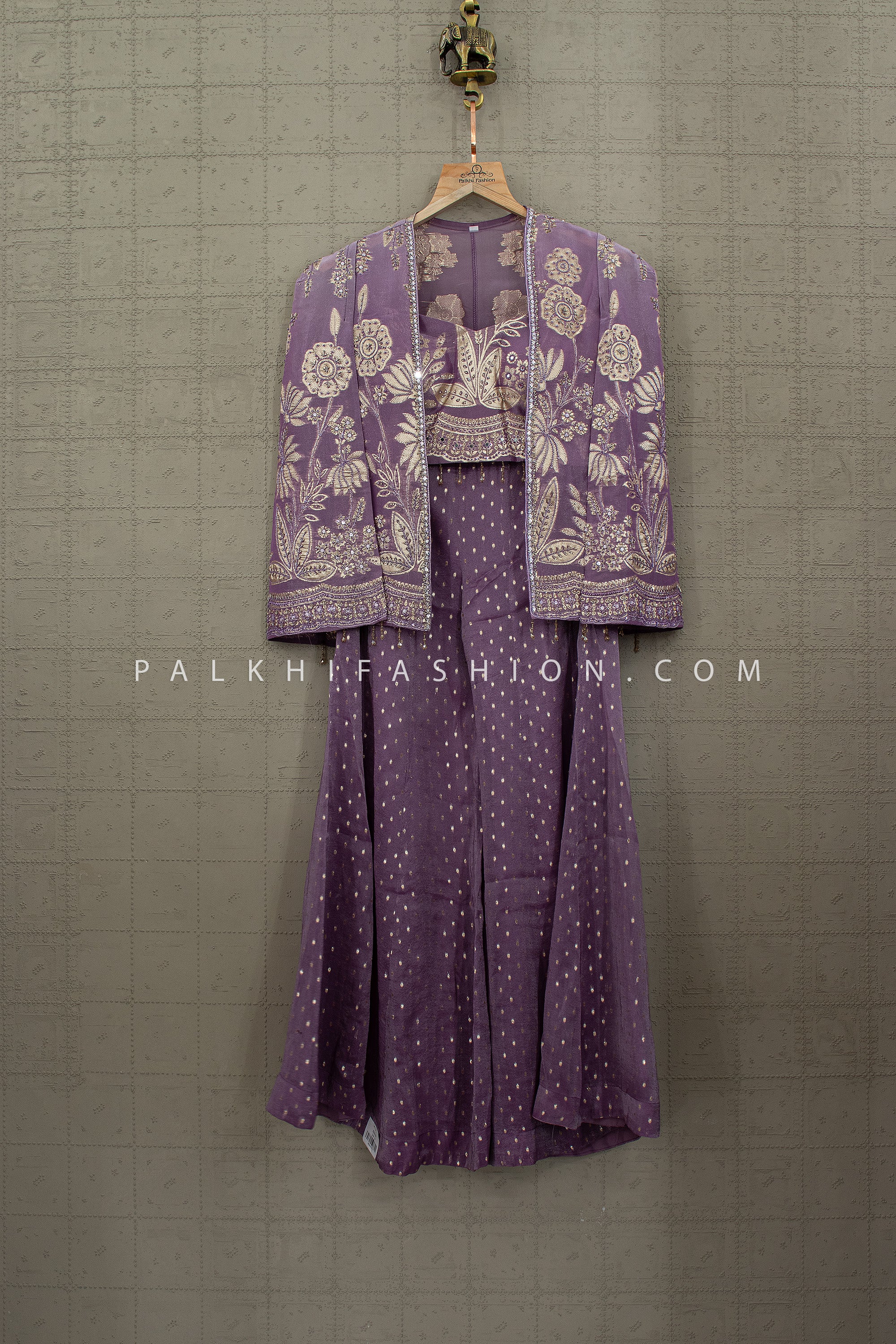 Regal Fusion Muse – Lilac Handwork Banarasi Cape Palazzo Set | Palkhi Fashion