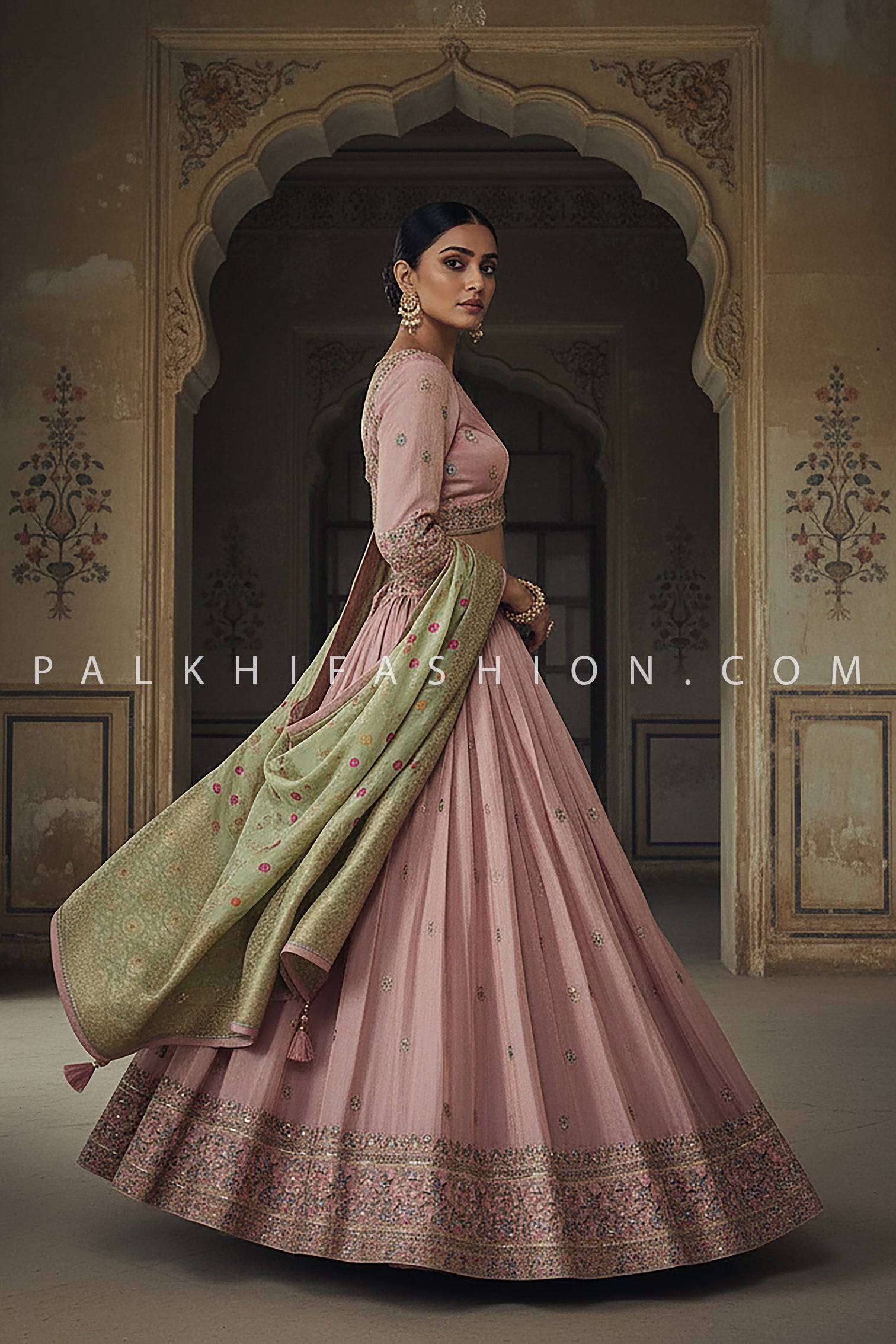 Regal Heritage: Dusty Rose Silk Lehenga with Banarasi Silk Dupatta – Palkhi Fashion