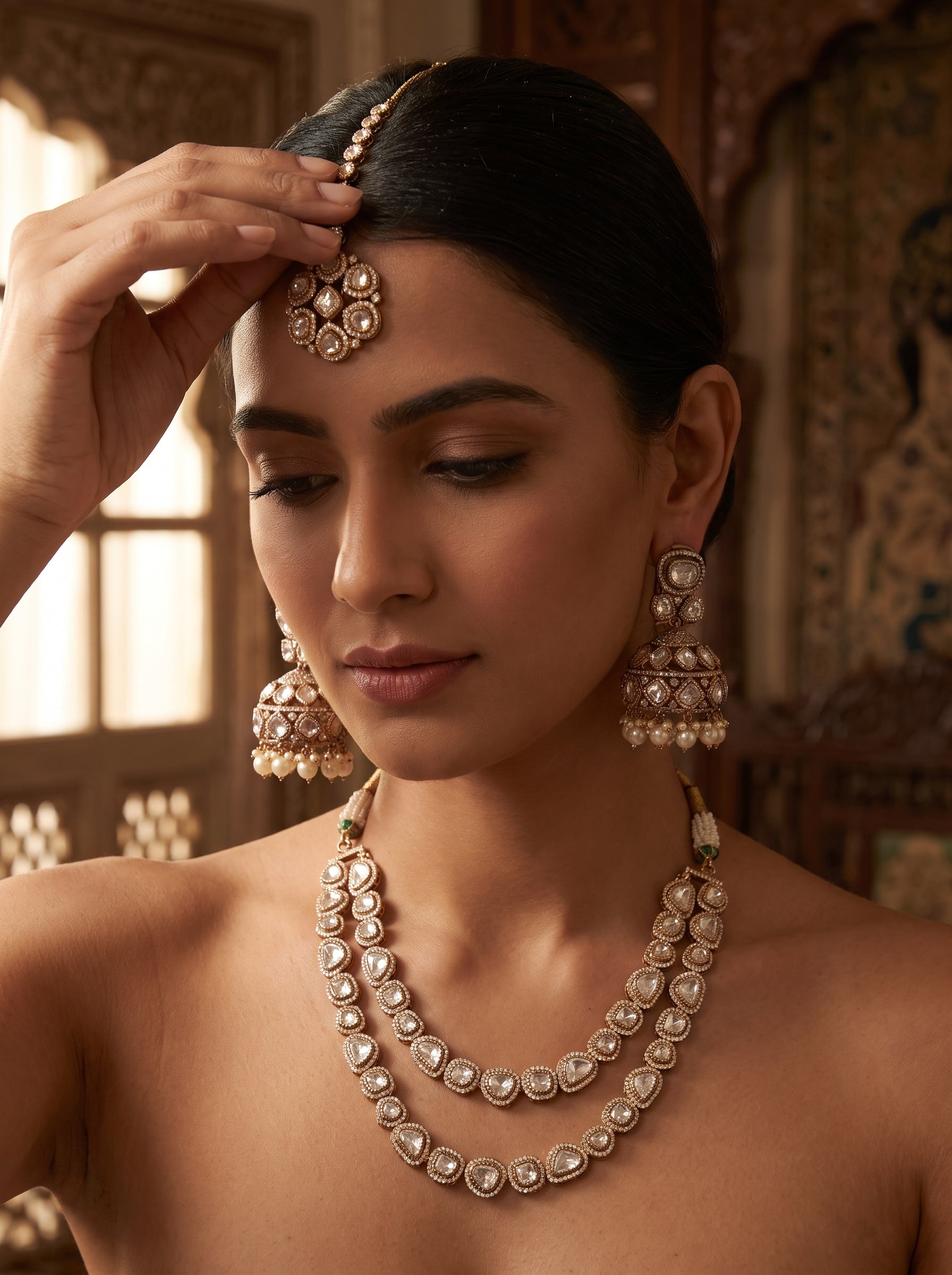 Regal Kundan & Pearl Two-Tier Necklace Set | Palkhi Fashion