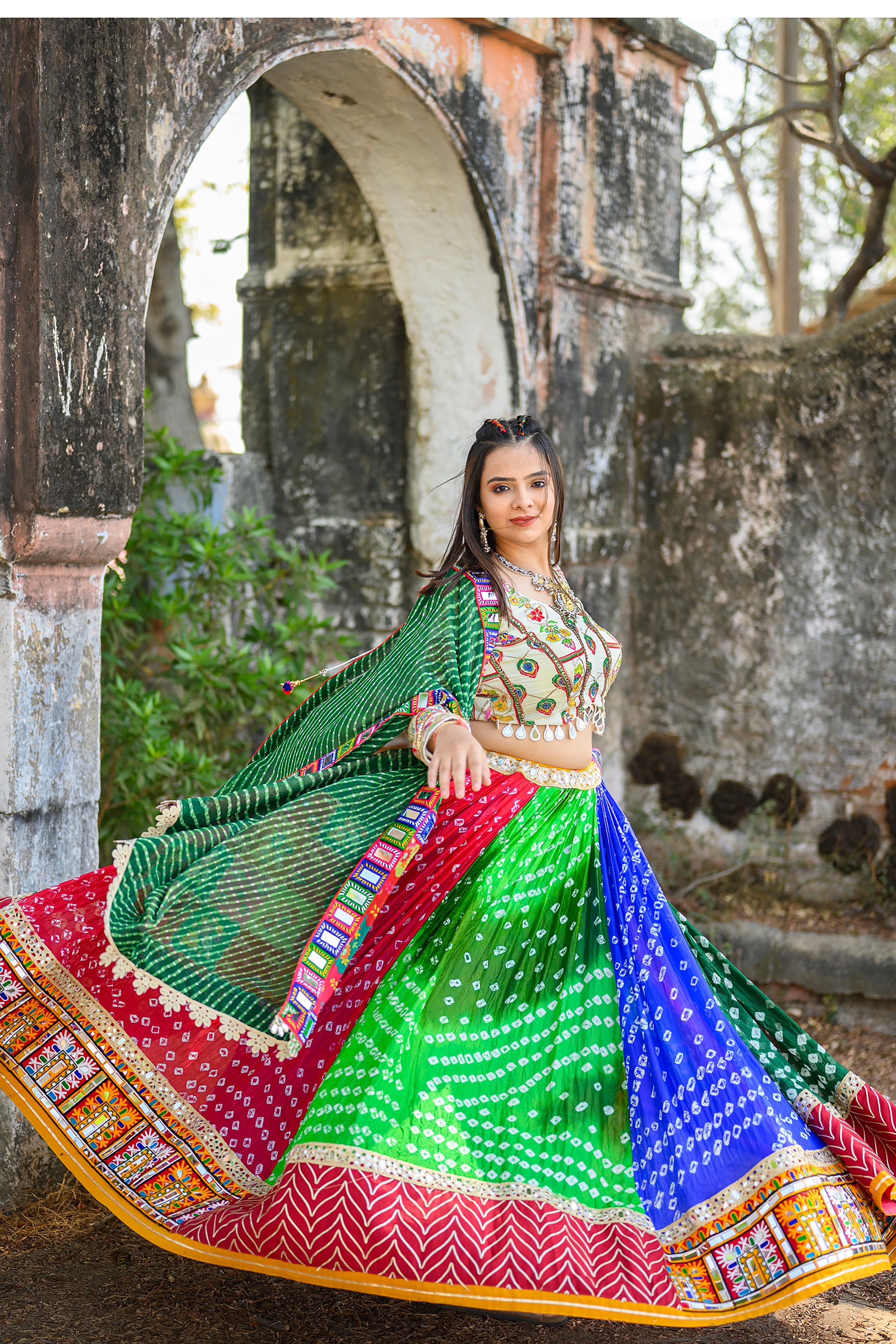 Stunning Bandhani Navratri Chaniya Choli with Kutchi & Mirror Work
