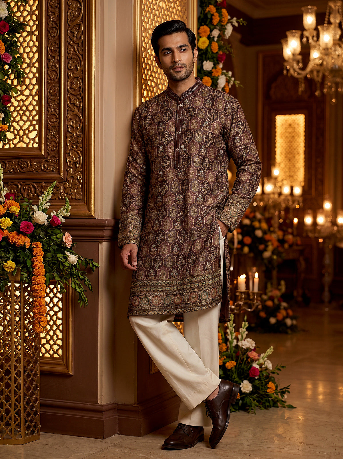 Mughal Royale | Rich Plum Designer Silk Weaving Kurta with Antique Gold Motifs | Palkhi Fashion
