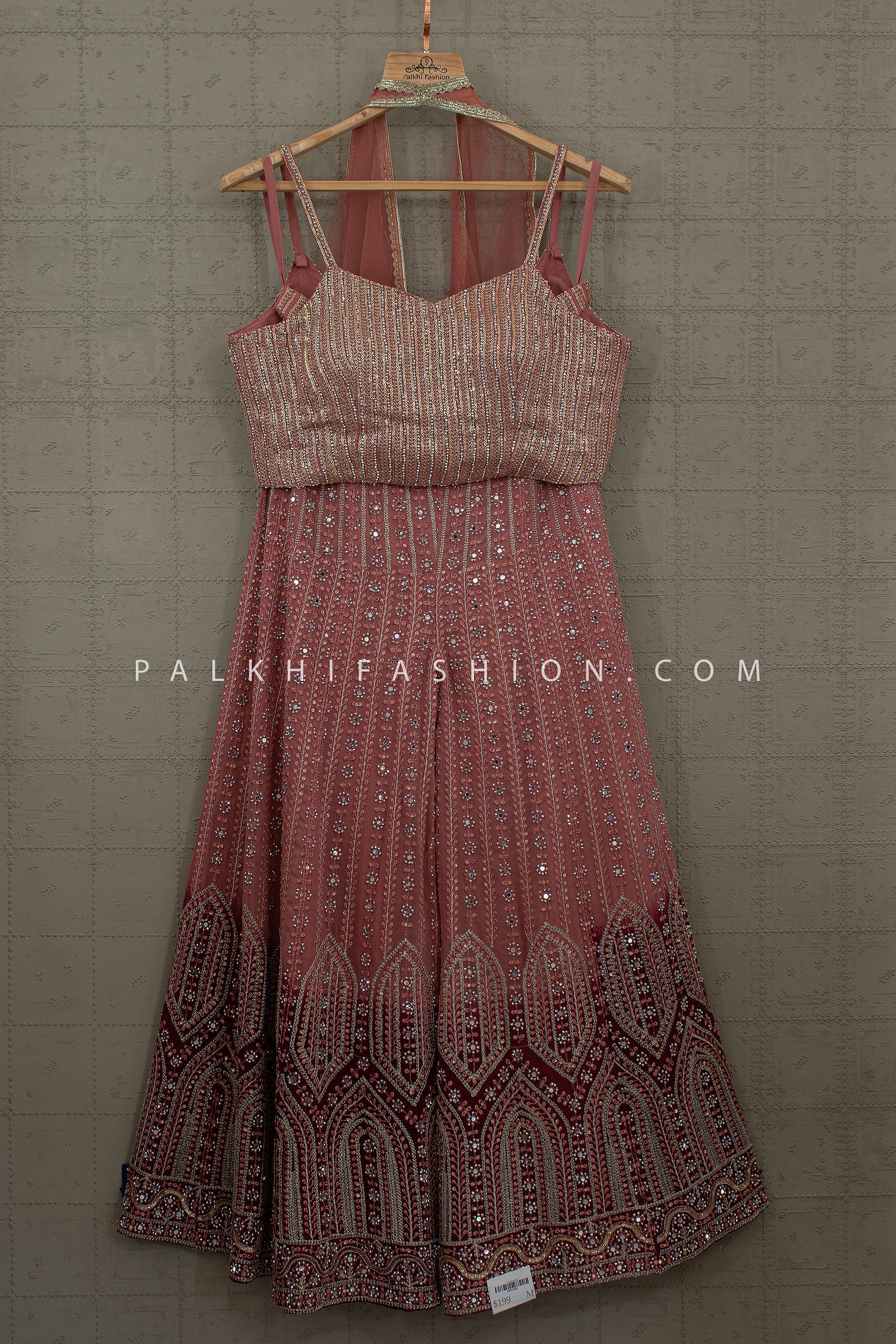 Rose Mirage | Dusty Rose & Maroon Ombre Embroidered Palazzo Set | Palkhi Fashion
