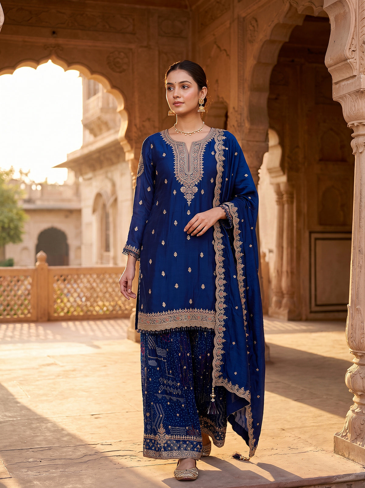 Royal Indigo Elegance | Royal Blue Bandhani Palazzo Kurta Set with Hand Embroidery | Palkhi Fashion