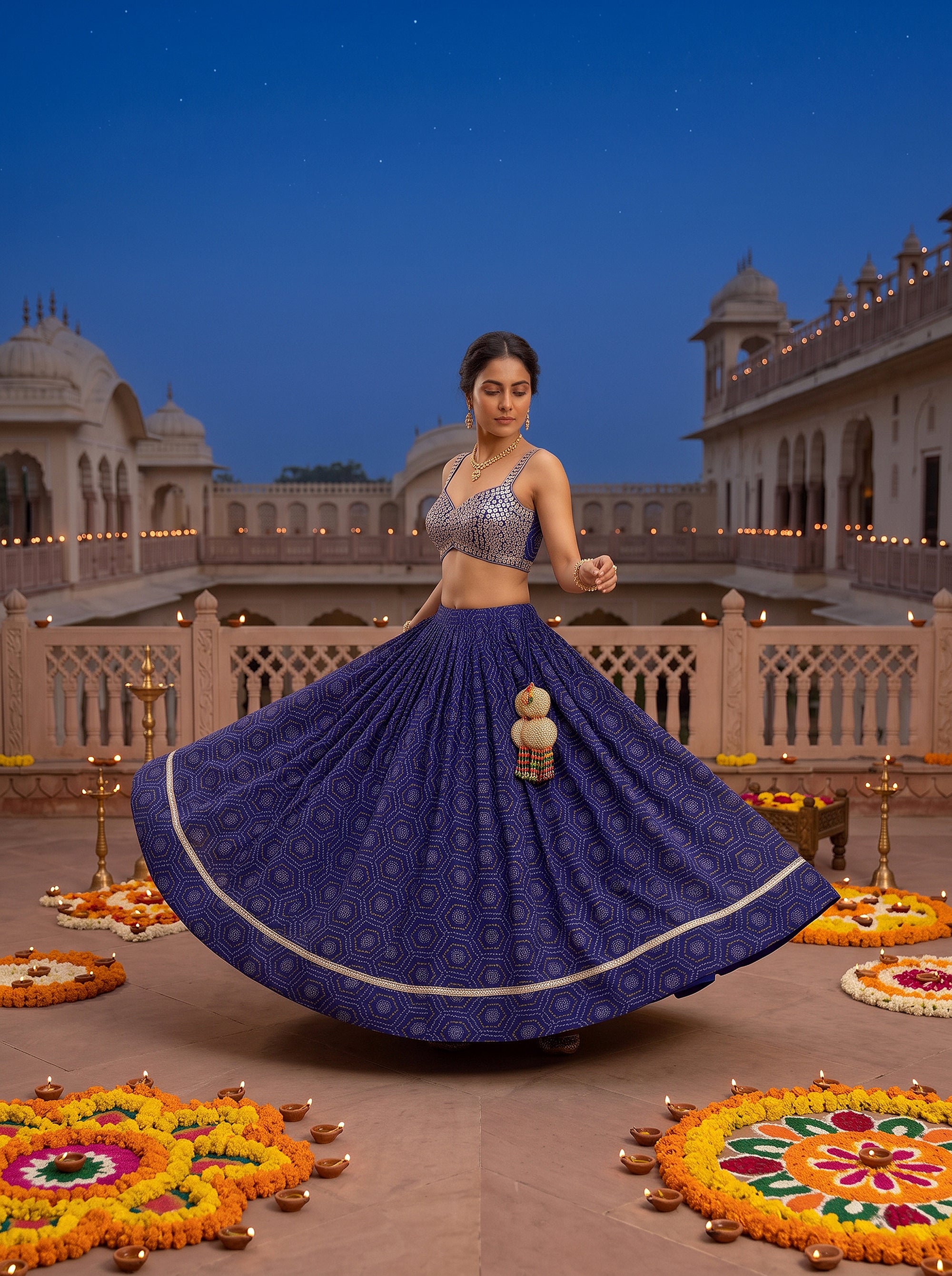 Midnight Radiance | Royal Blue Bandhej Print Lehenga Choli with Mirror Work | Palkhi Fashion