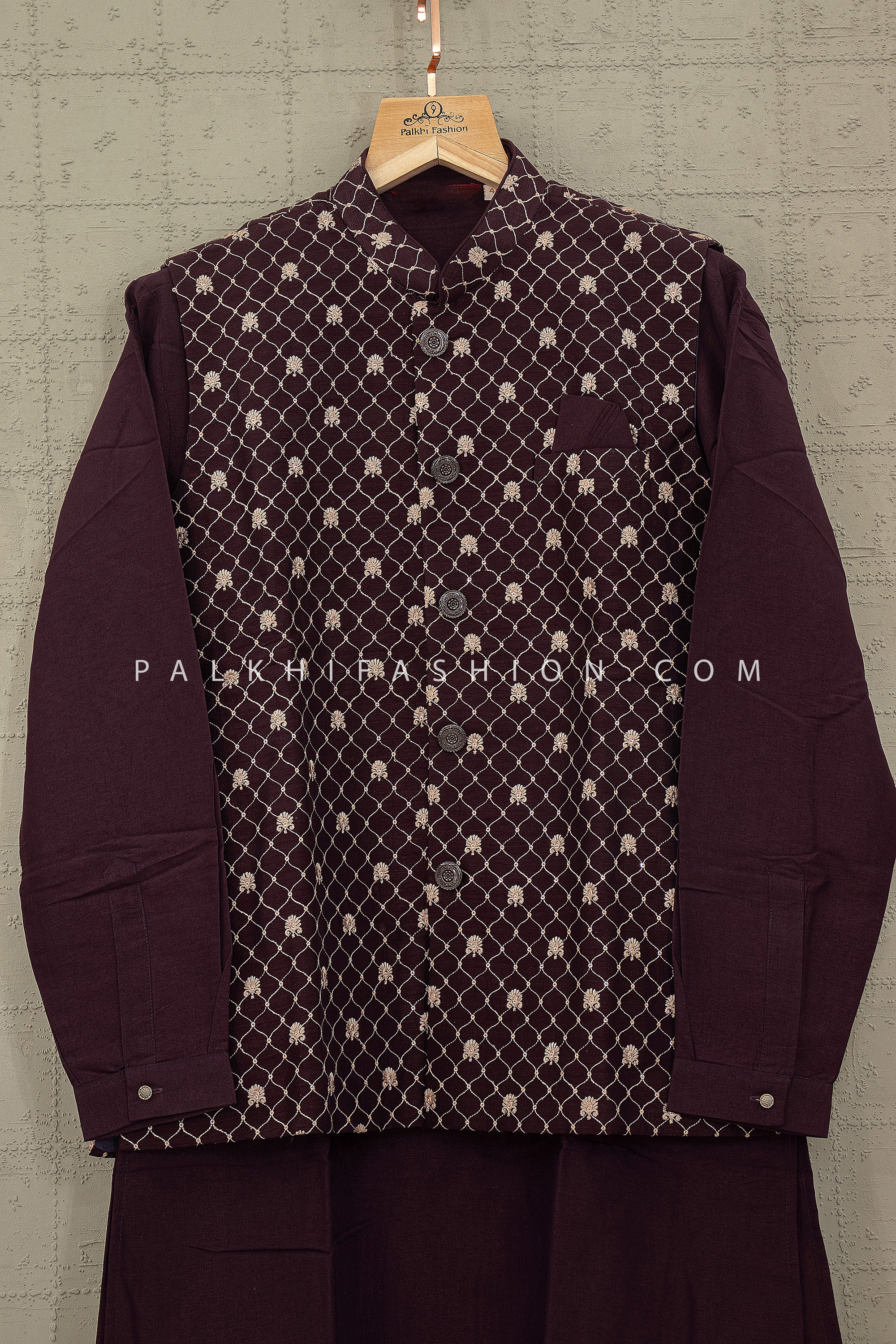 Royal Merlot Edge - Wine Embroidered Soft Silk Kurta Jacket Set | Palkhi Fashion
