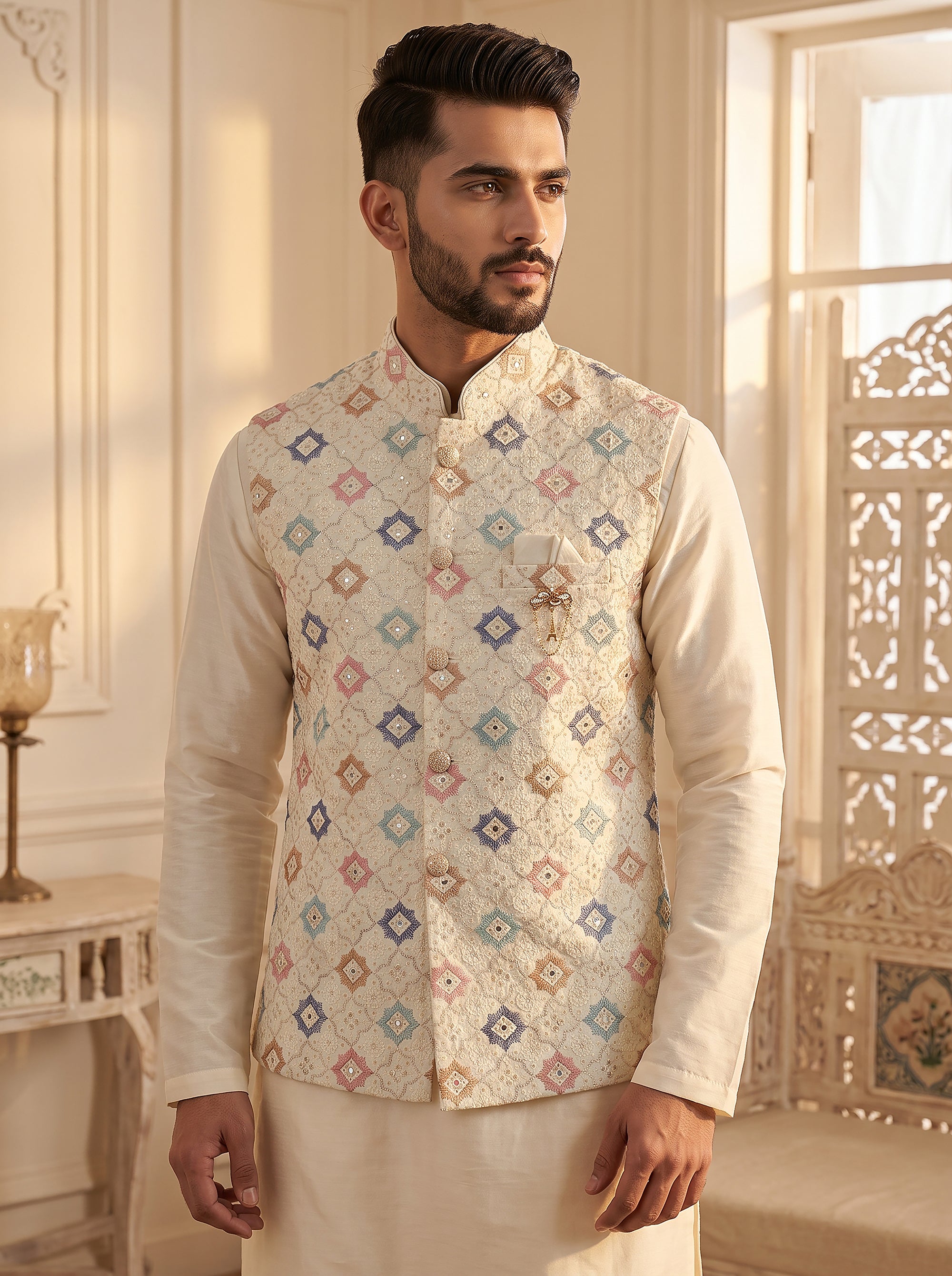 Royal Opulence | Ivory Embroidered Jacket Kurta Pajama Set | Palkhi Fashion