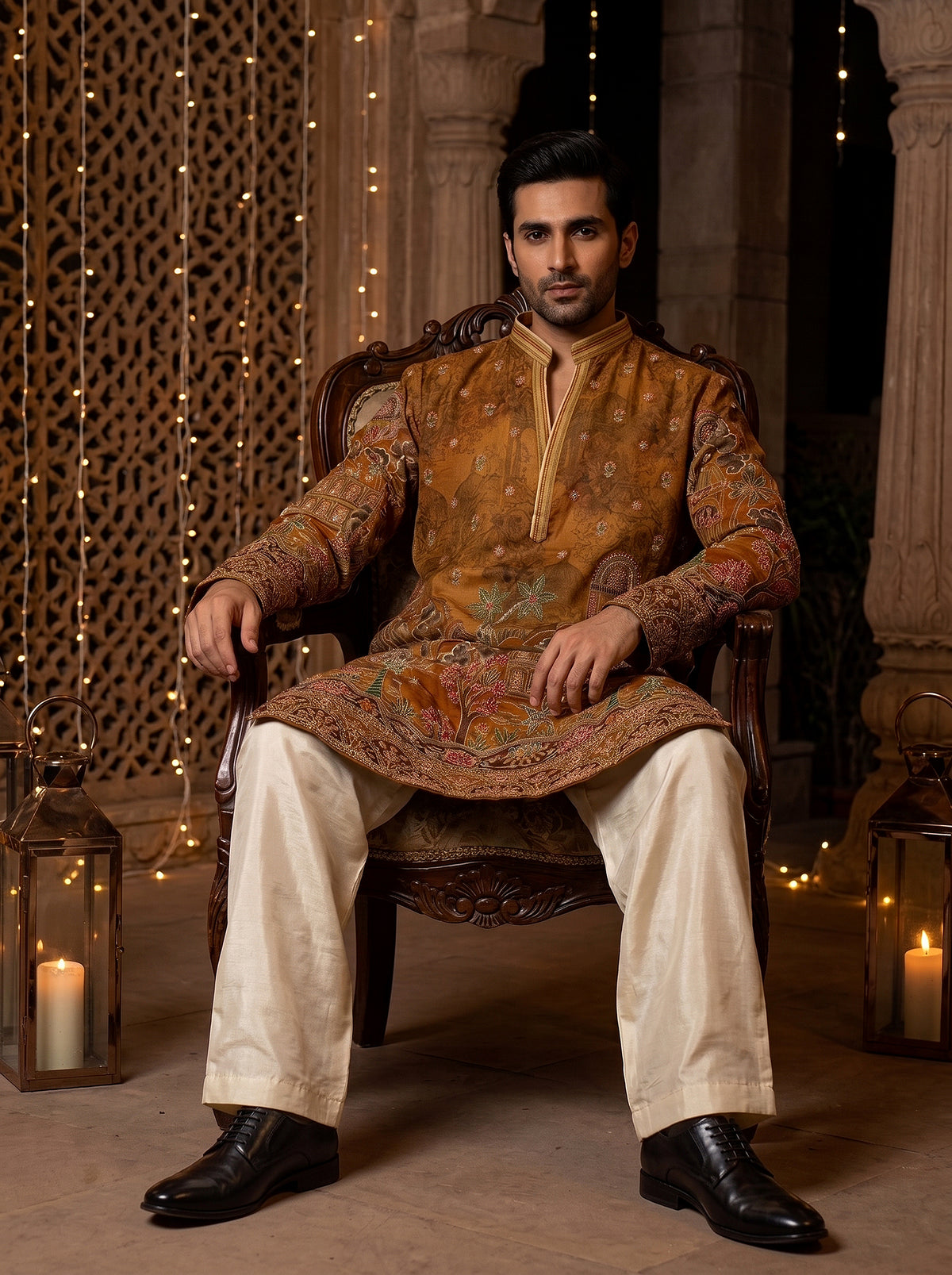 Amber Heritage | Rust Ochre Silk Kurta Set with Royal Palace & Kalamkari Digital Print Artistry | Palkhi Fashion