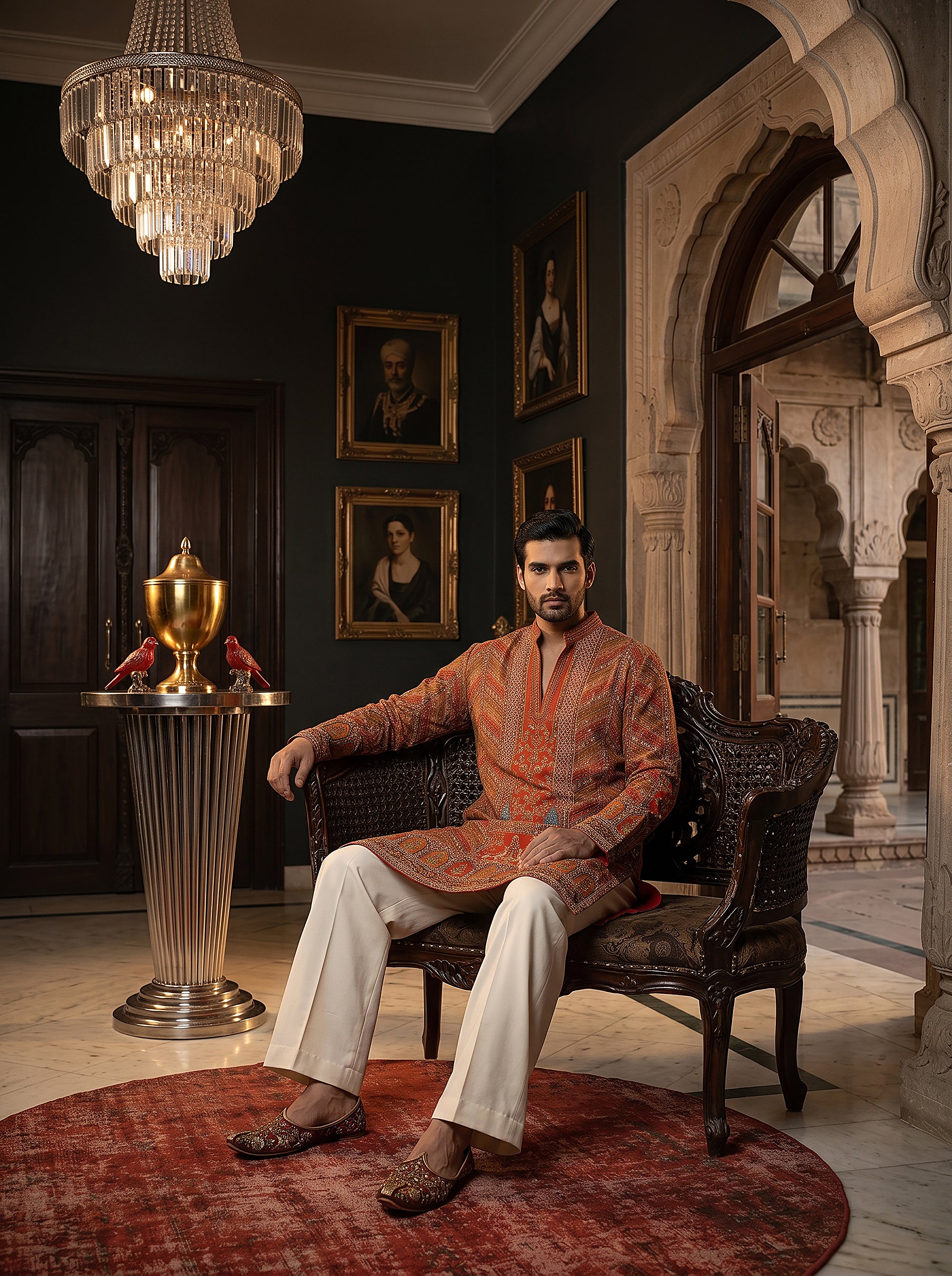 Heritage Elegance | Rust Orange Designer Mens Kurta Set with Intricate Embroidery | Palkhi Fashion