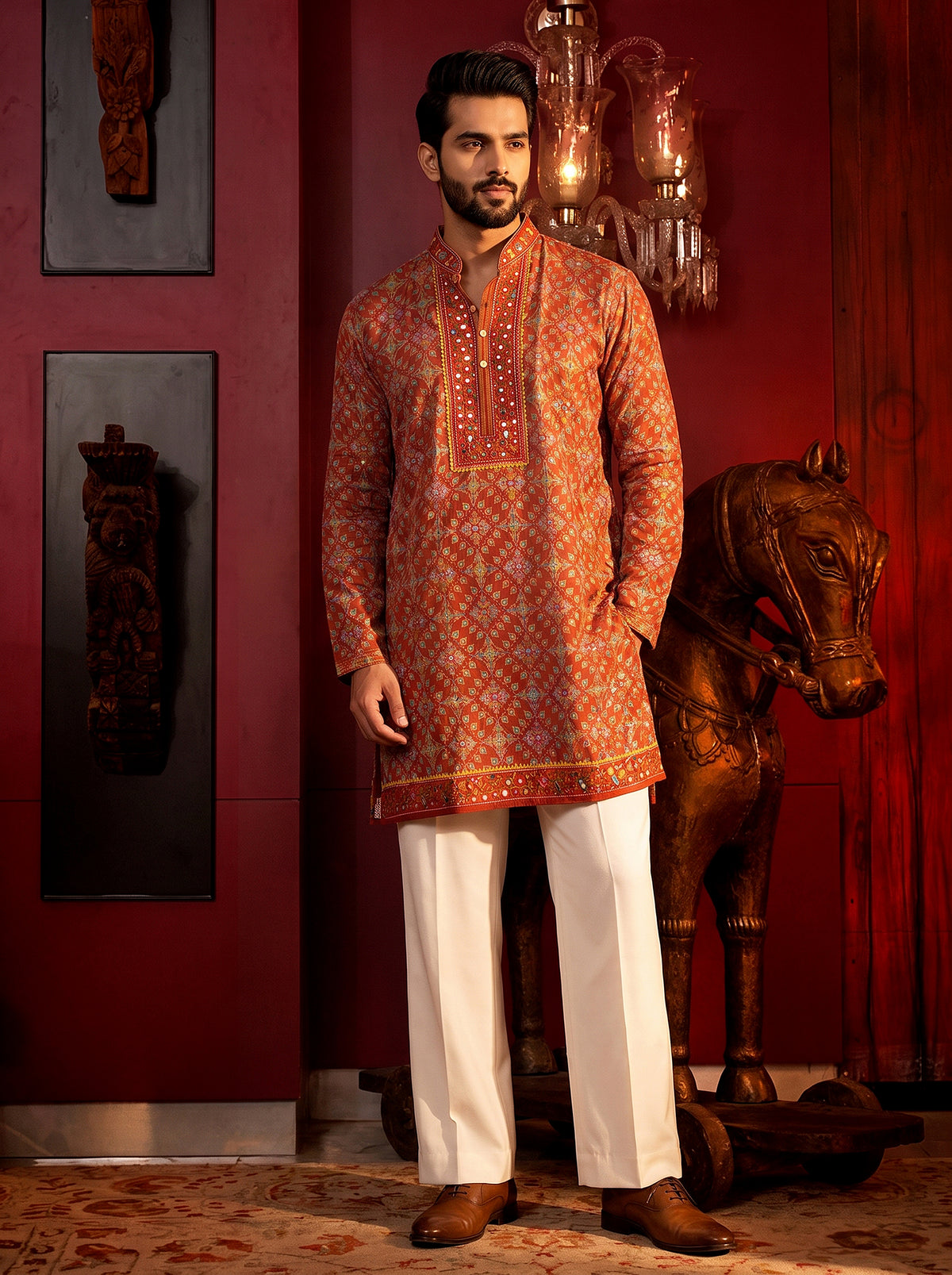 Festive Elegance | Rust Patola Print Kurta Set with Mirror Work | Palkhi Fashion