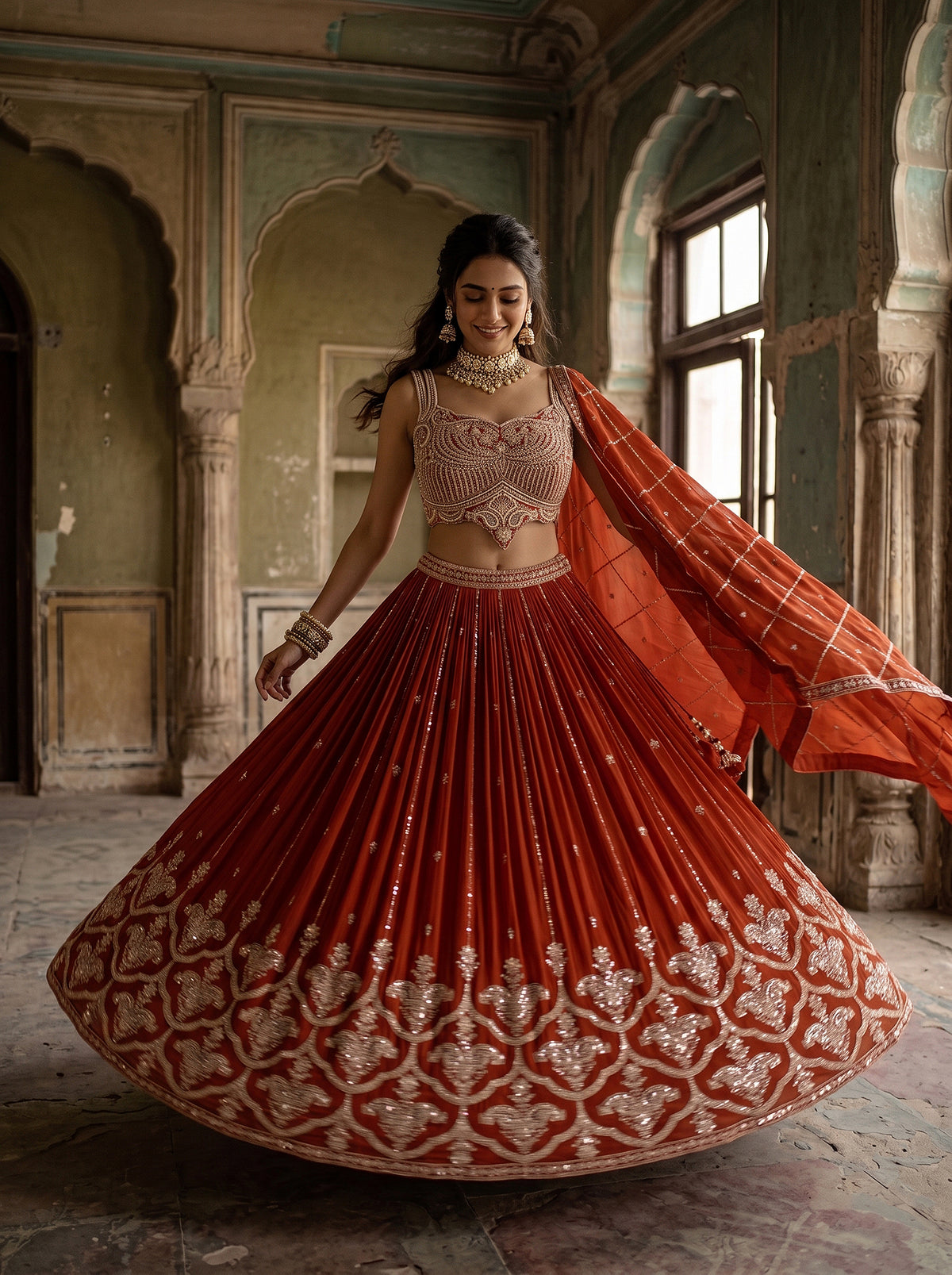 Radiant Crimson | Rust Red Beadwork & Cutdana Embroidered Lehenga Choli | Palkhi Fashion