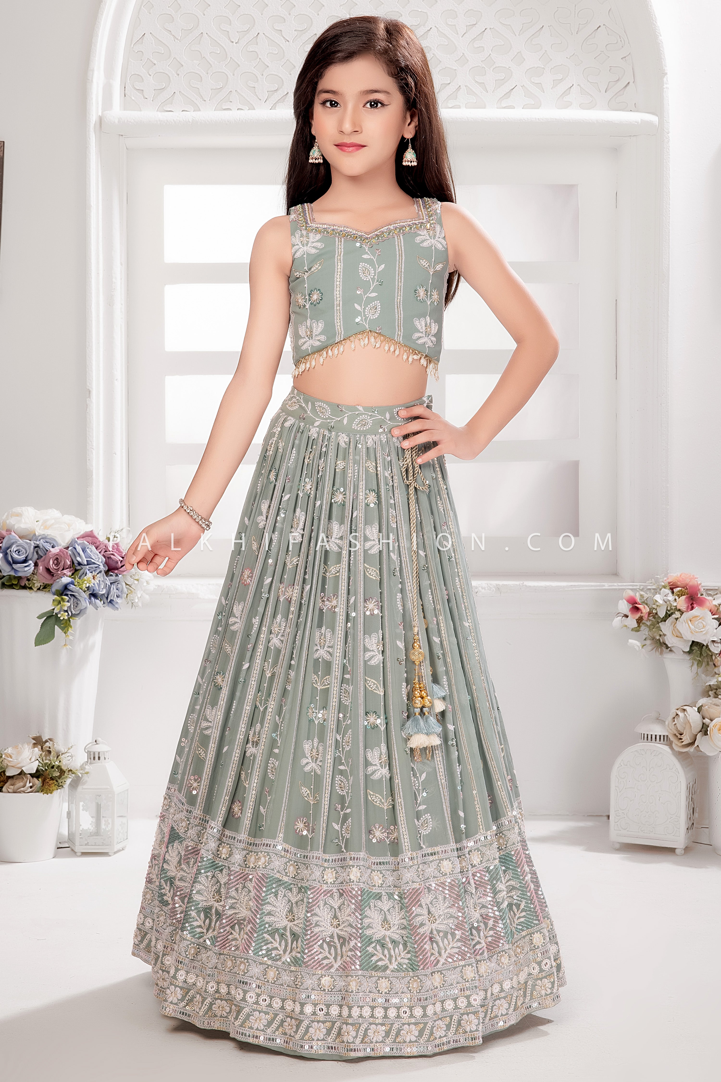 Sage Green Girls Lehenga Choli with Chikankari & Handwork – Palkhi Fashion