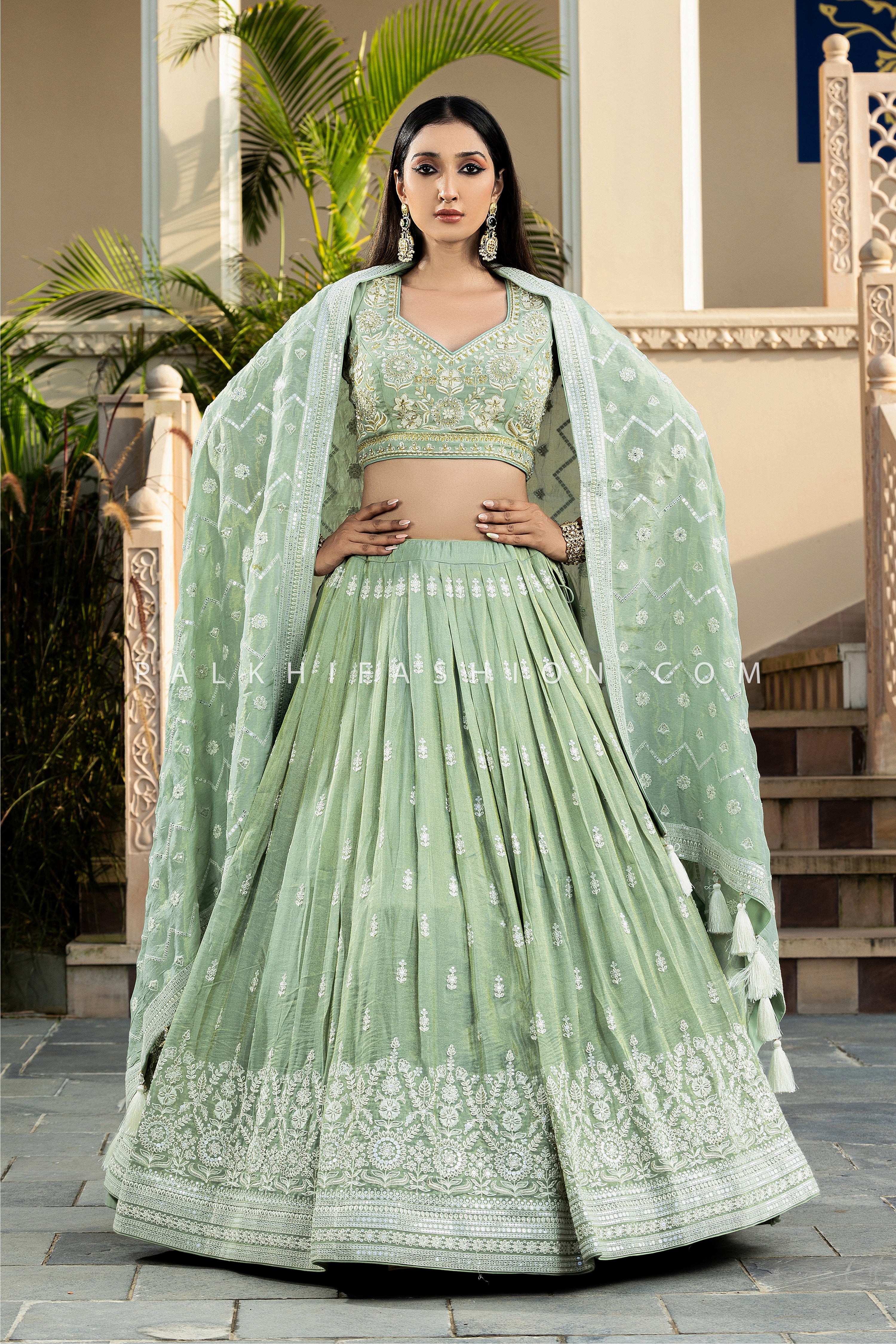 Sage Green Soft Silk Lehenga Choli | Chikankari & Handwork | Palkhi Fashion