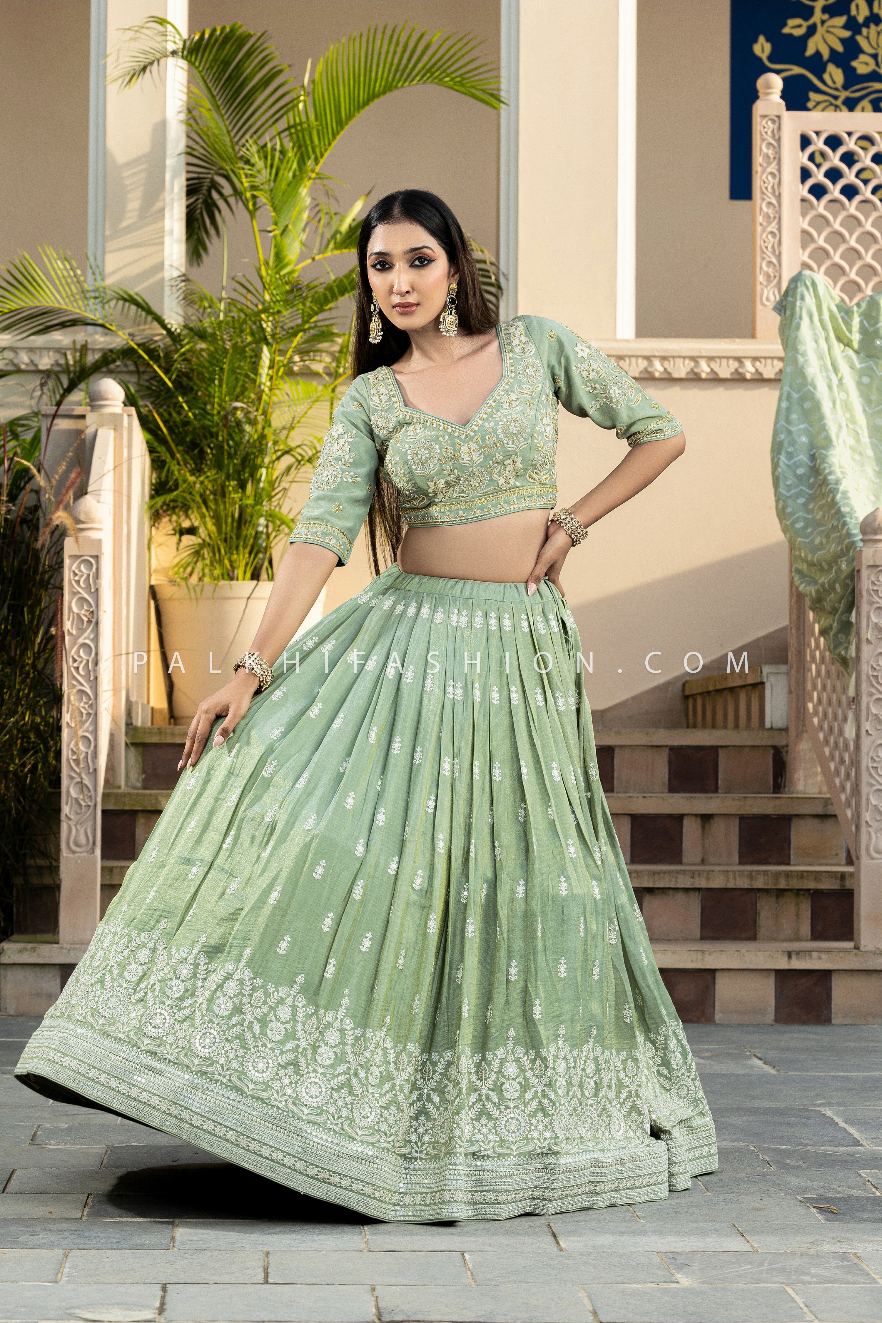 Sage Green Soft Silk Lehenga Choli | Chikankari & Handwork | Palkhi Fashion