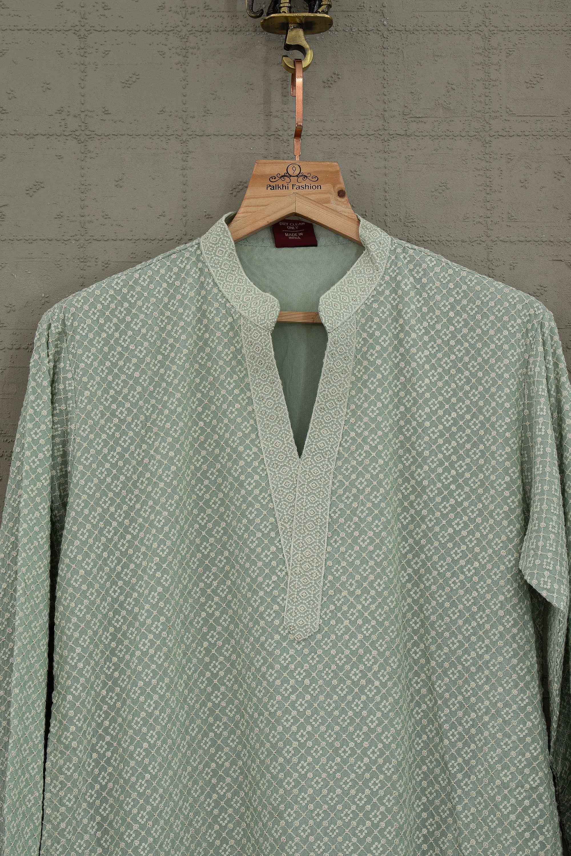 Sage Elegance | Pastel Green Tissue Silk Chikankari Kurta Set | Palkhi Fashion