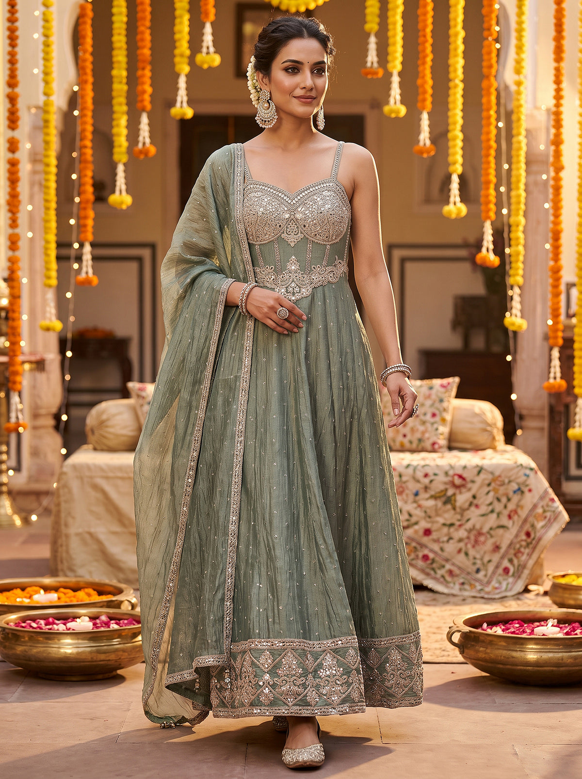 Ethereal Glow | Sage Green Crushed Tissue Silk Anarkali with Mirror Handwork | Palkhi Fashion