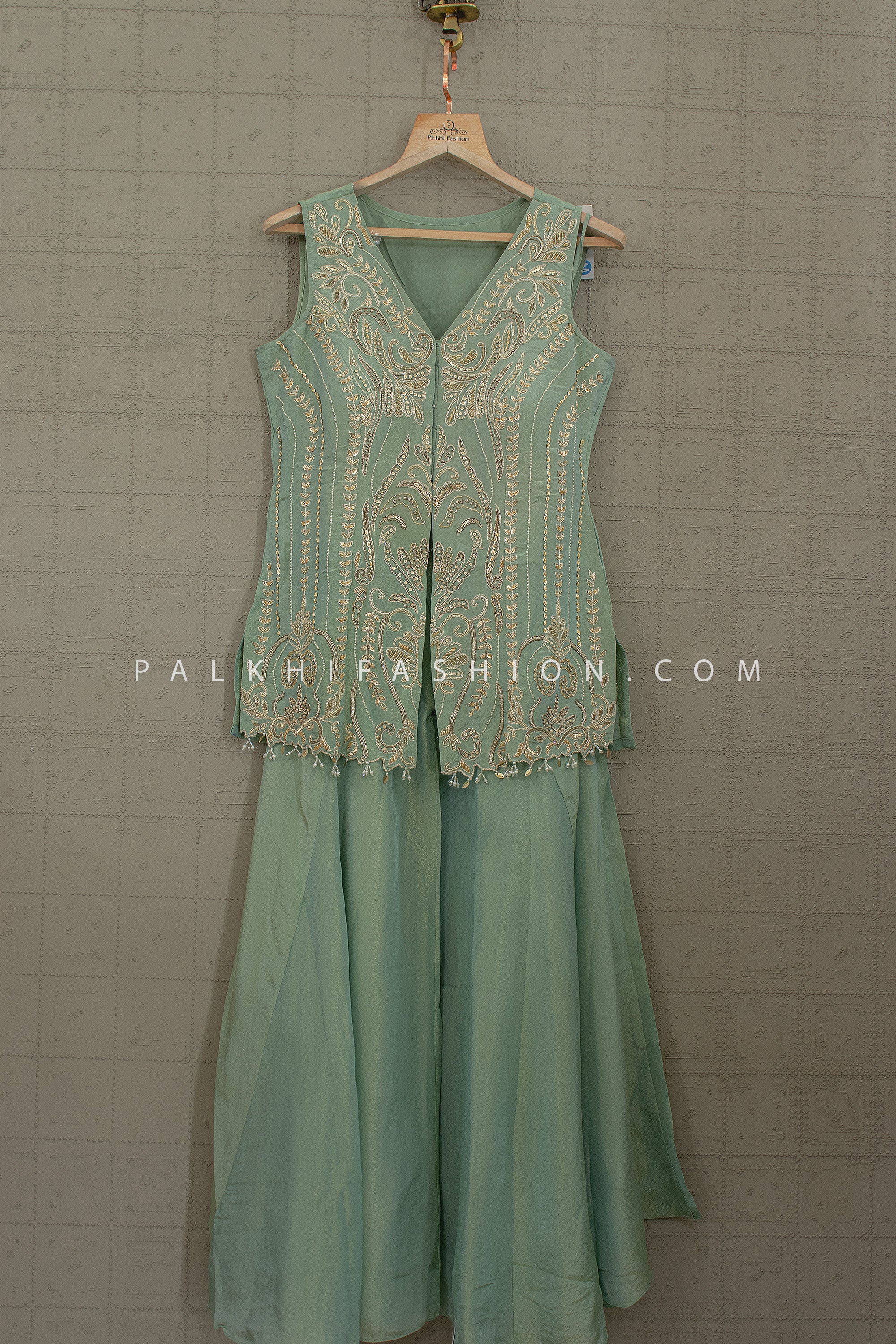 Sage Luxe Edit – Soft Green Embroidered Palazzo Suit Set – Palkhi Fashion