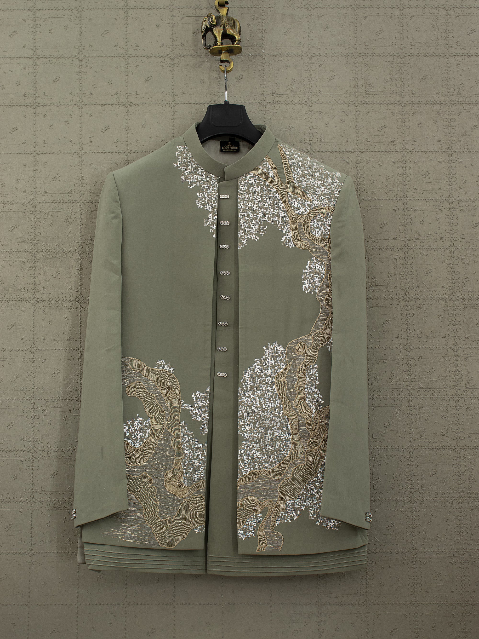 Majestic Foliage | Muted Sage-Olive Designer Indo-Western with Asymmetrical Handwork