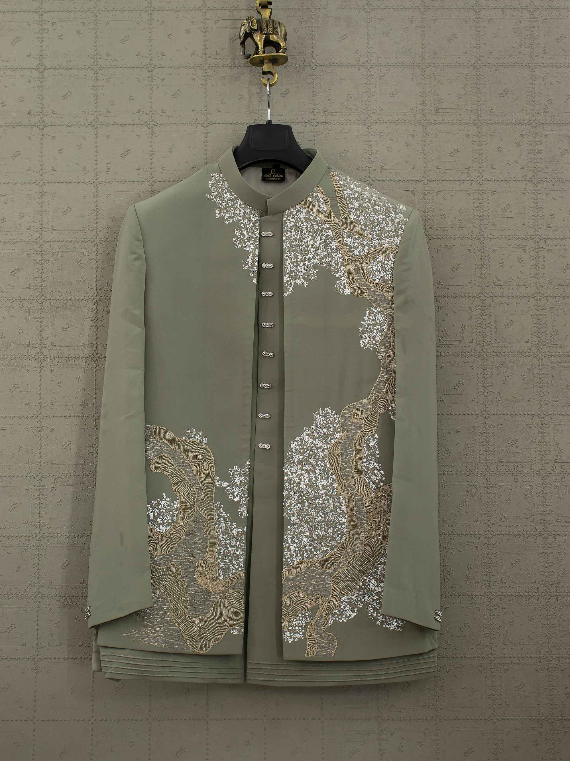 Majestic Foliage | Muted Sage-Olive Designer Indo-Western with Asymmetrical Handwork