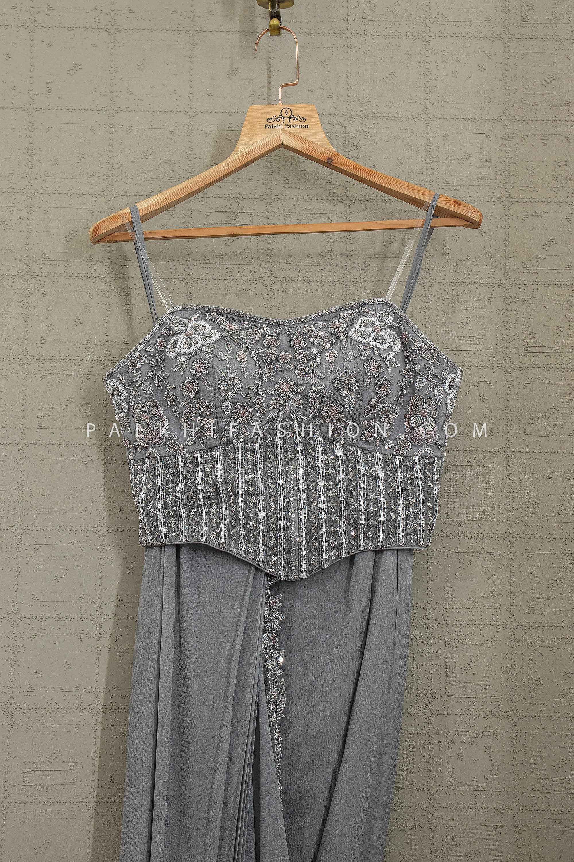 Sculpted Glam Edit – Slate Grey Pre Draped Saree with Corset Blouse – Palkhi Fashion