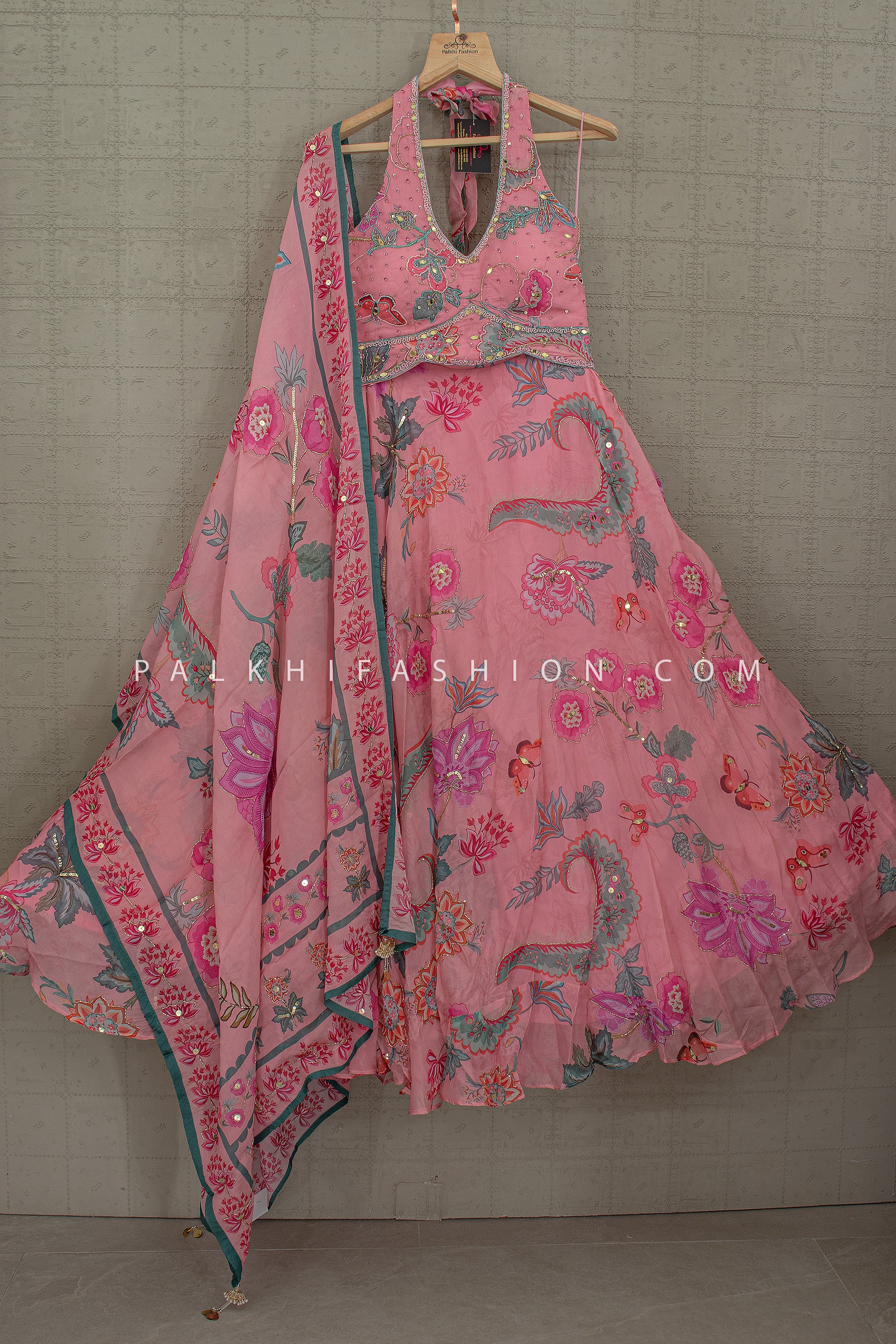 Soft Bloom Edit – Floral Printed Lehenga Set with Bead and Halter Blouse – Palkhi Fashion - Palkhi Fashion