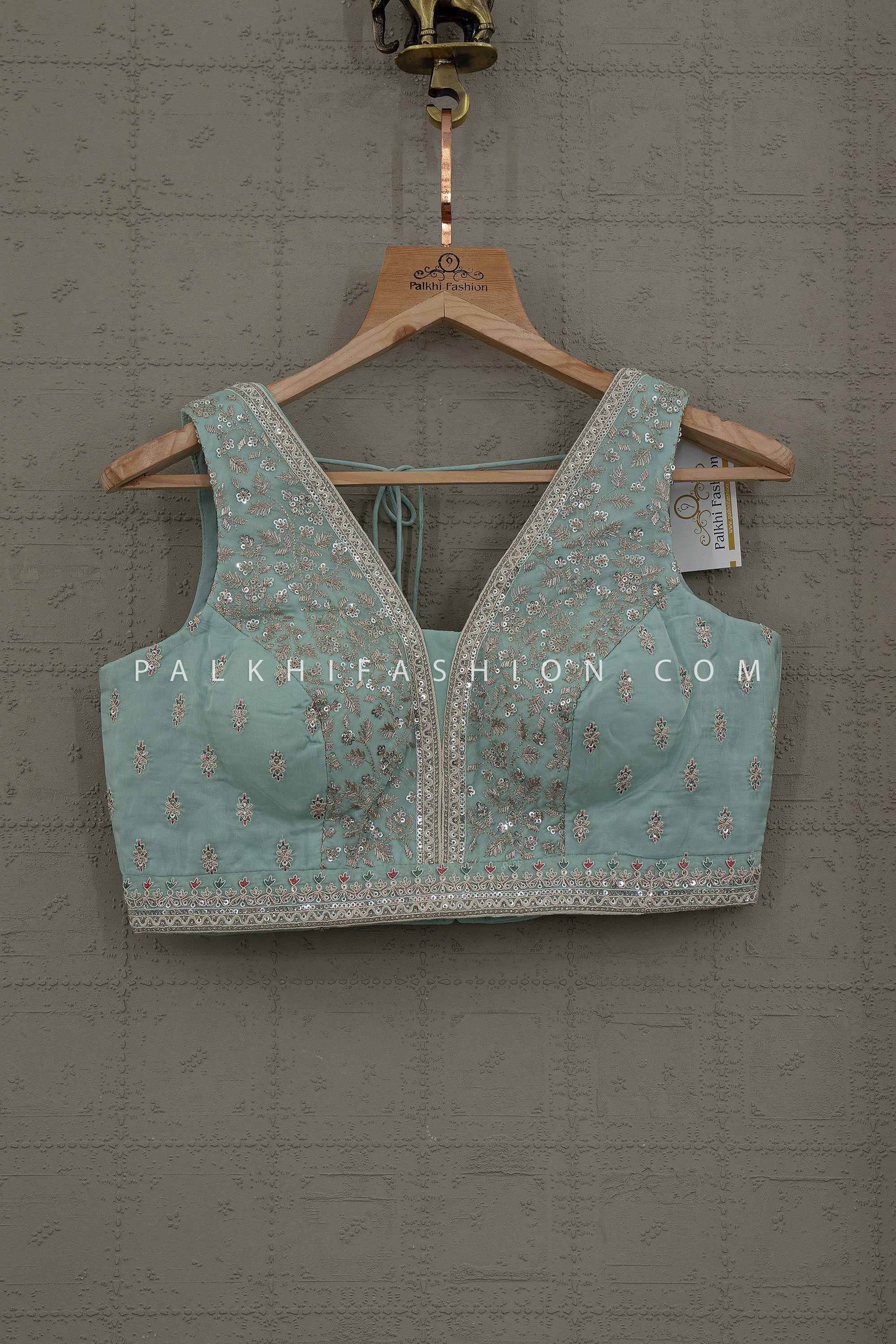 Sea Mist – Aqua Mint Designer Saree with Elegant Embroidered Blouse | Palkhi Fashion