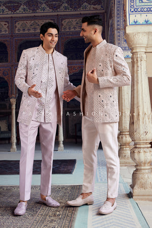 Stunning Beige Mirror Work Indo-Western for Men – Stylish Open Jacket Set