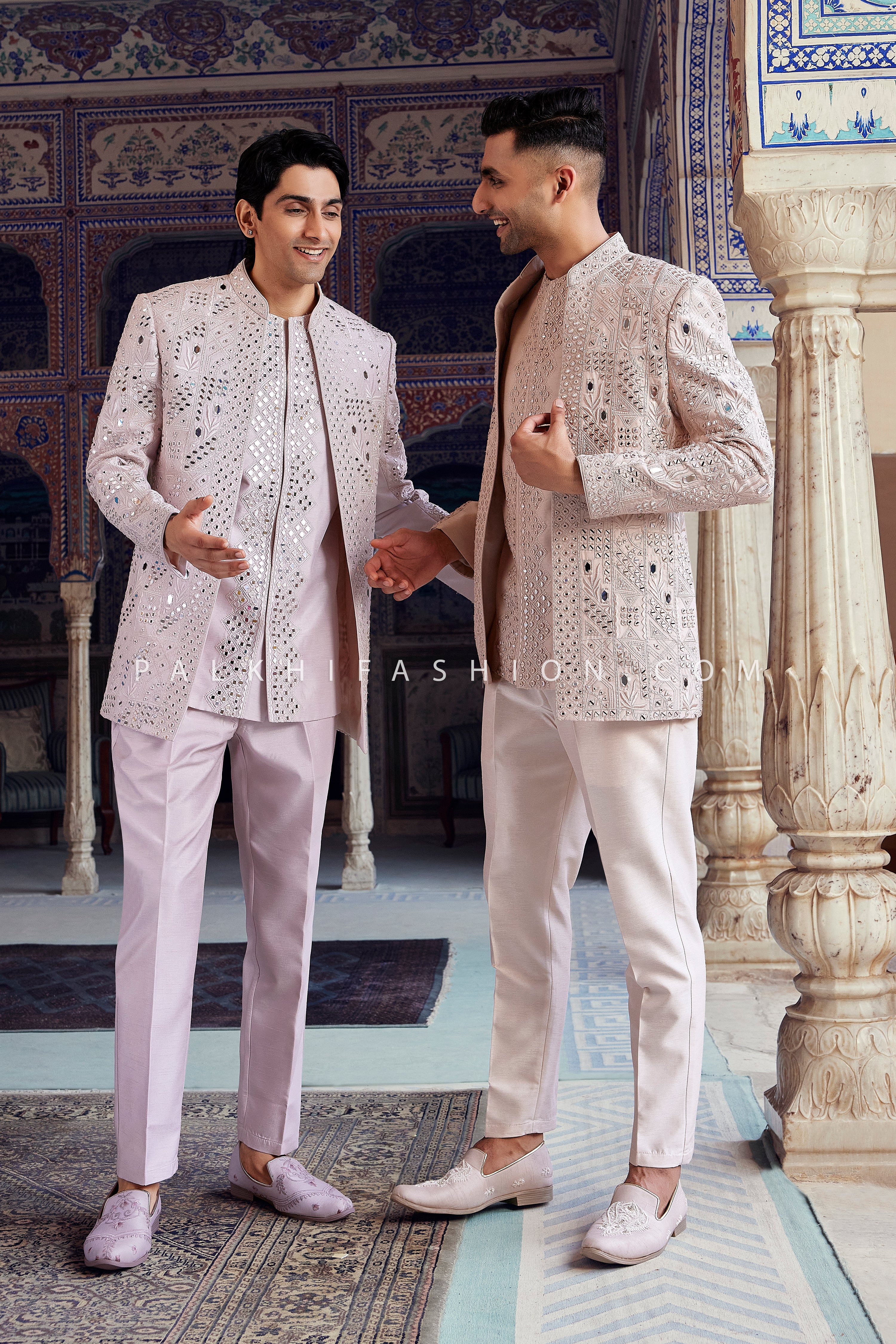 Stunning Beige Mirror Work Indo-Western for Men – Stylish Open Jacket Set