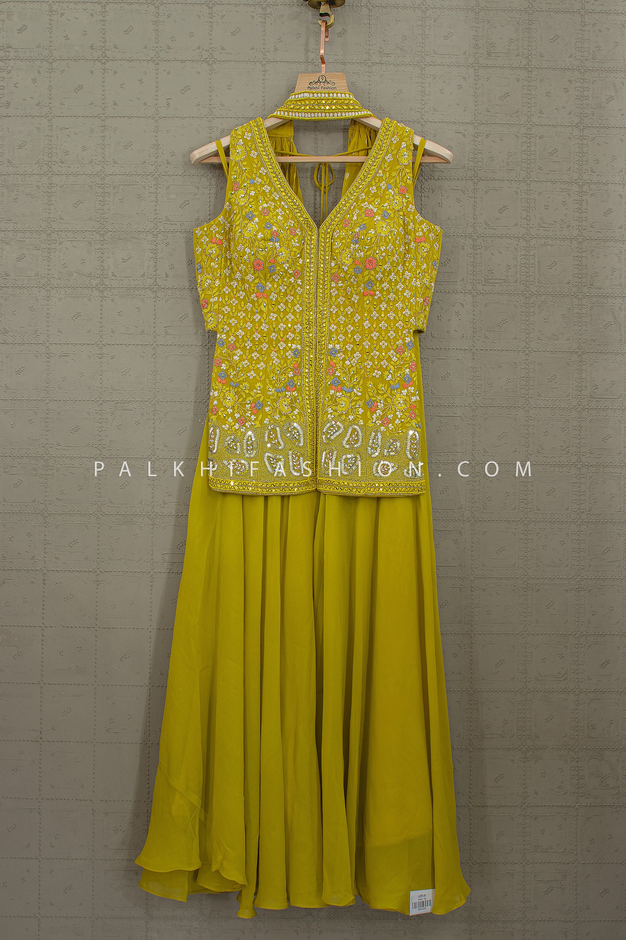 Sunlit Mehendi Glow – Mustard Yellow Embroidered Palazzo Suit Set – Palkhi Fashion
