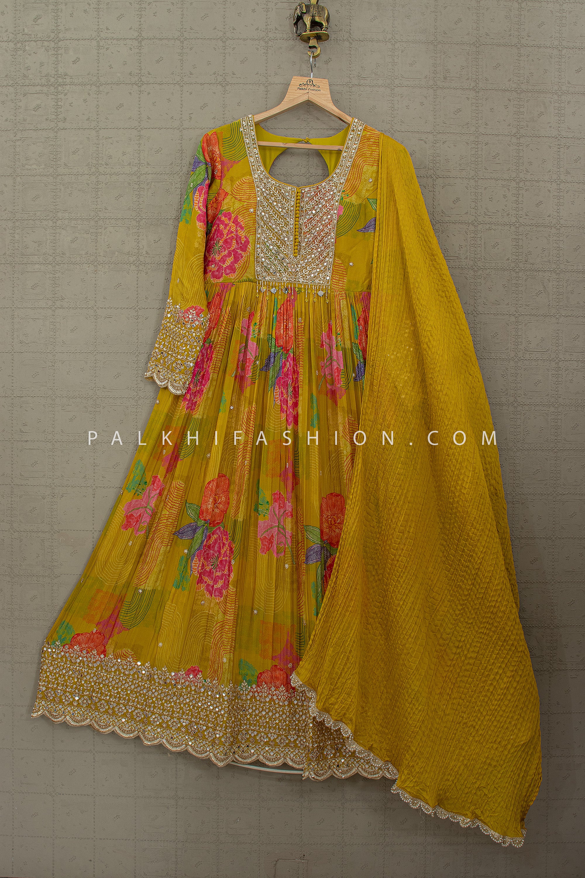 Sunlit Mustard Bloom β Light Mustard Floral Anarkali Suit Beads & Mirrors β Palkhi Fashion