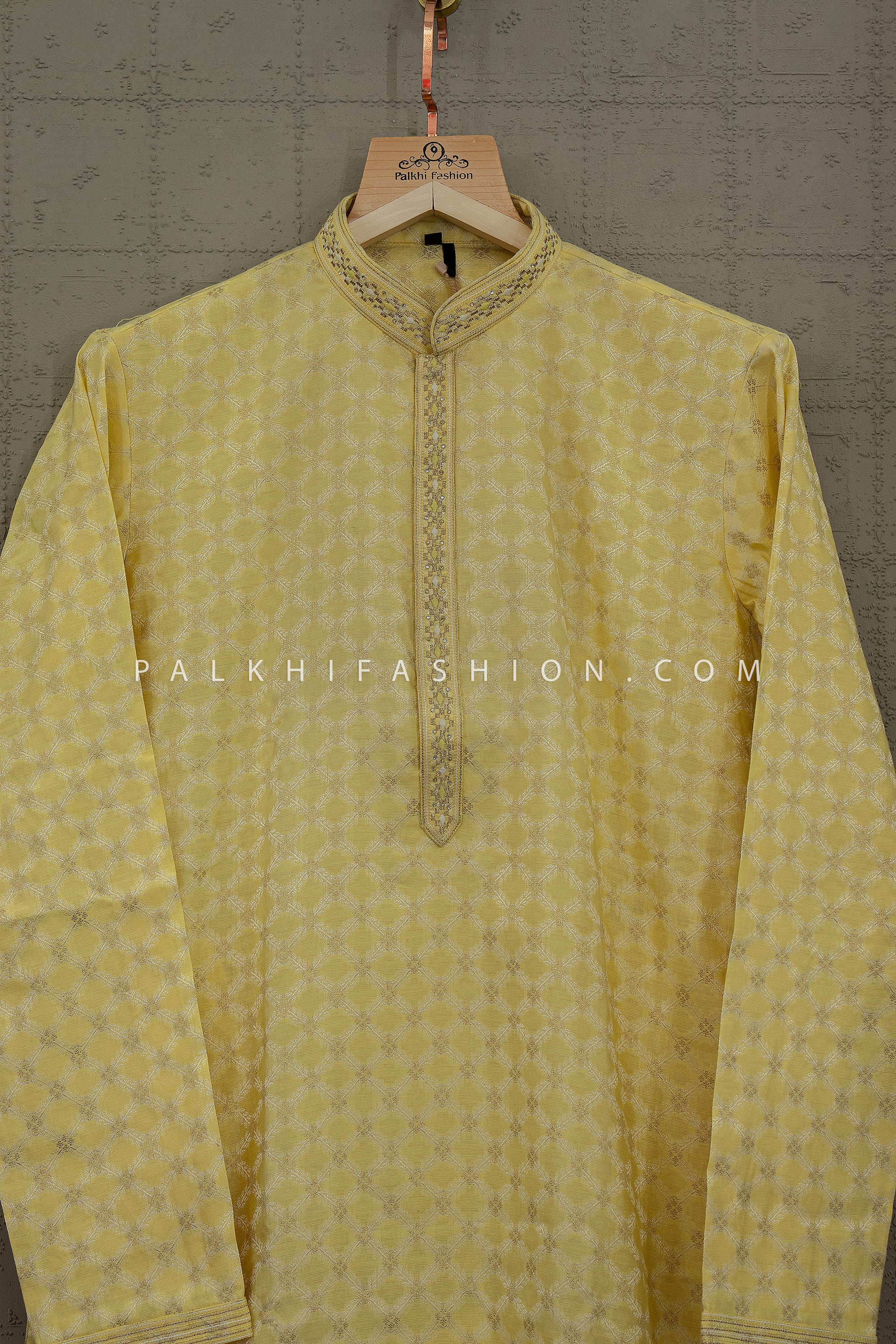Sunlit Royal Grace – Yellow Jacquard Silk Kurta for Men | Palkhi Fashion