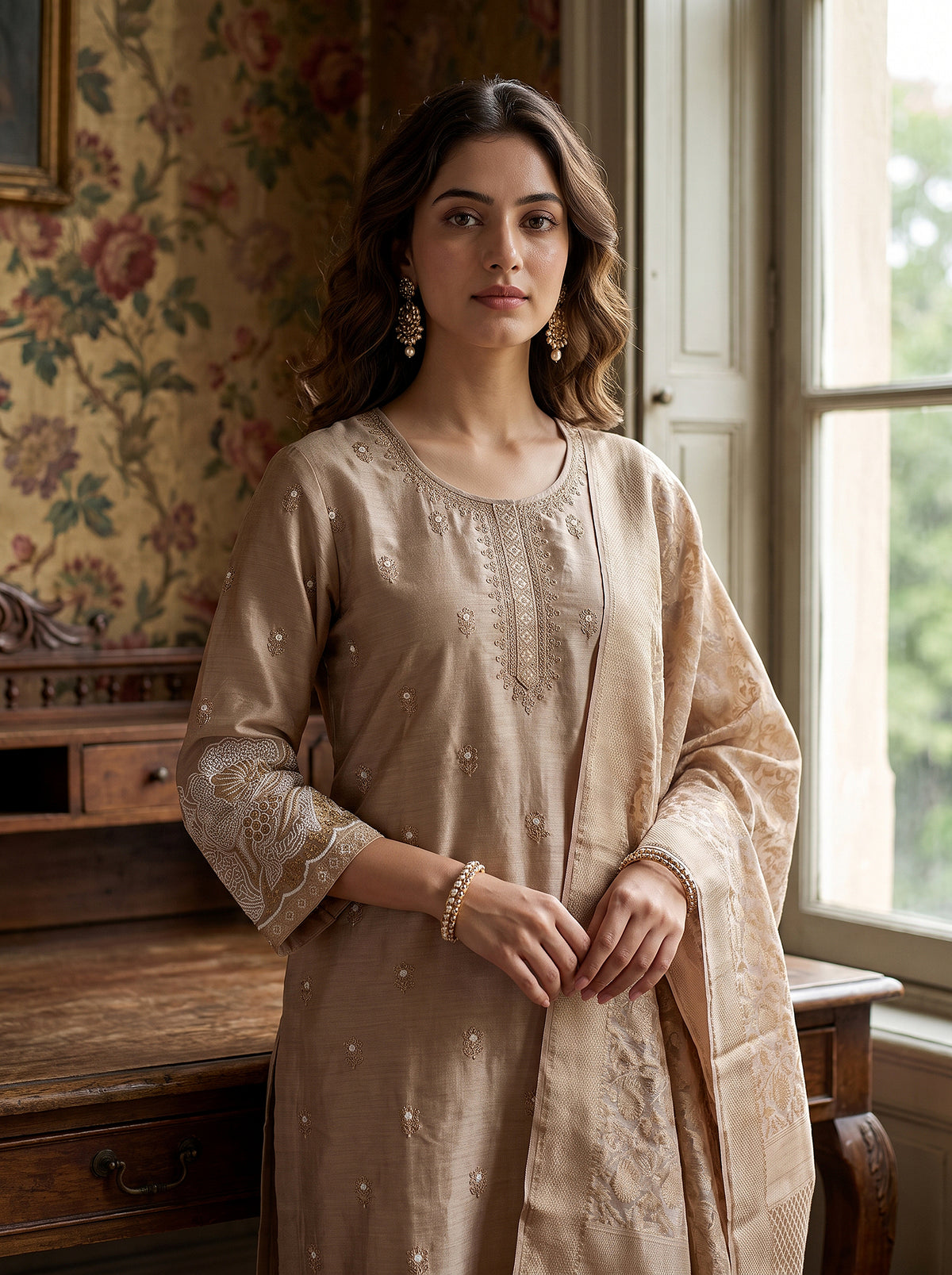 Ethereal Grace | Designer Taupe Beige Silk Kurta Set for Festive Wear | Palkhi Fashion