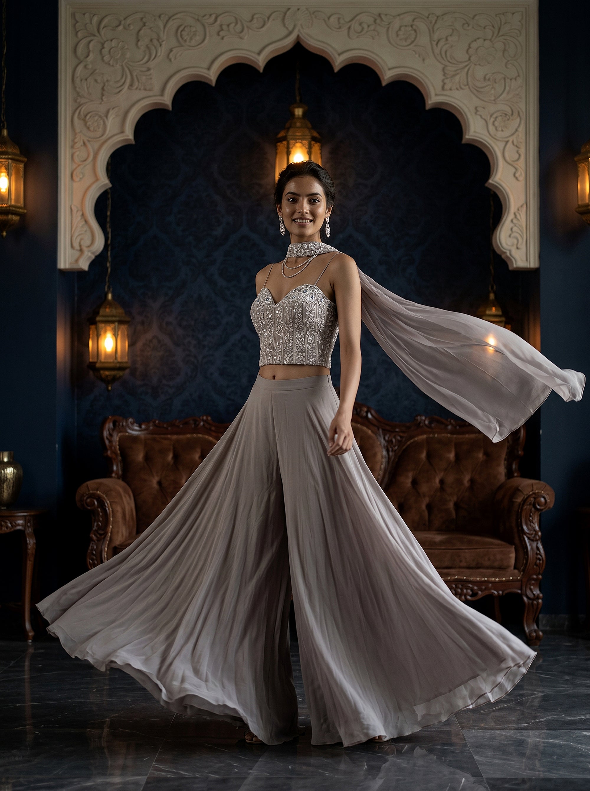 Ethereal Elegance | Taupe Grey Georgette Corset Palazzo Suit with Cutdana Work | Palkhi Fashion
