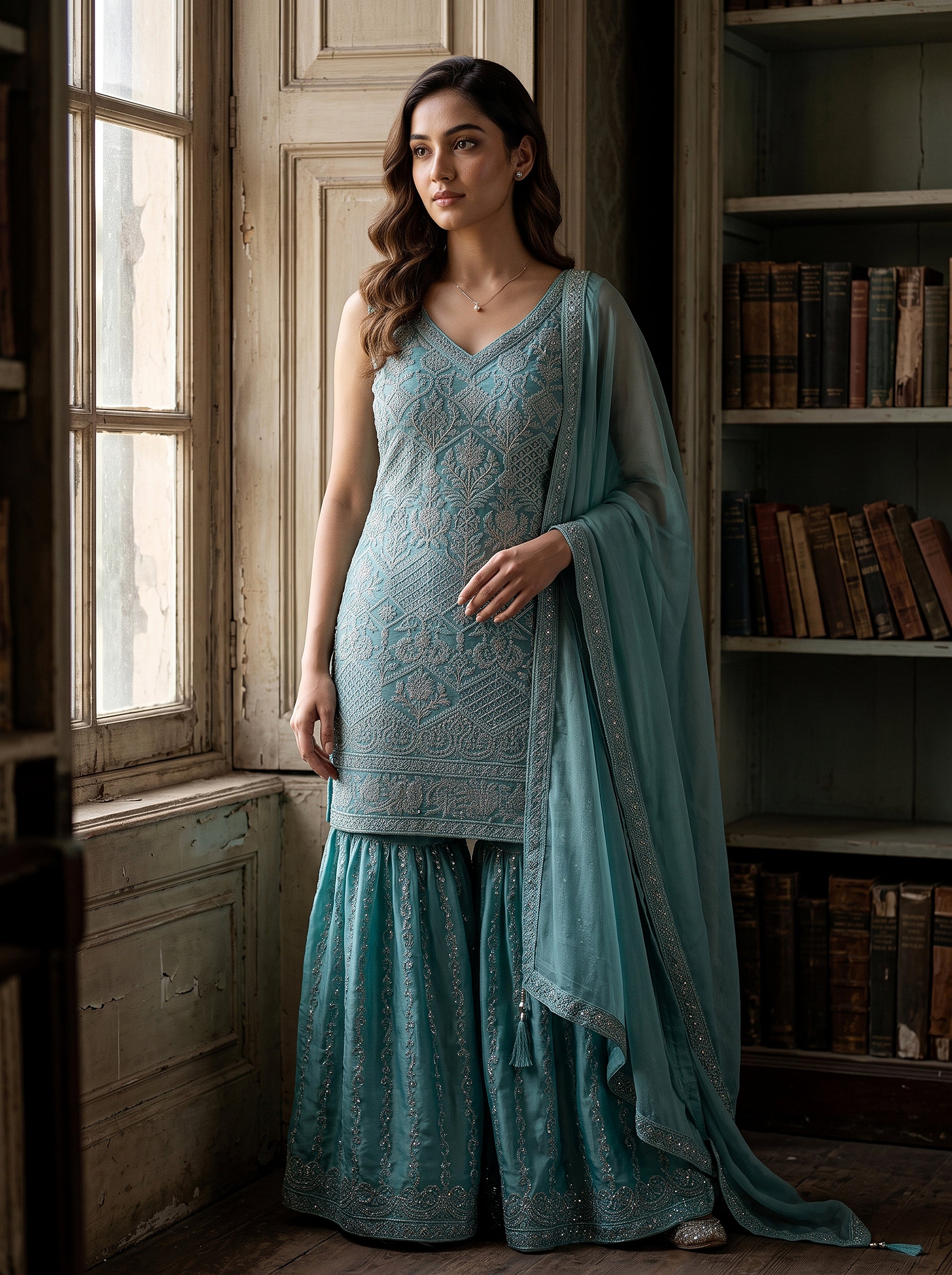 Aqua Allure | Teal Blue Embroidered Palazzo Suit | Palkhi Fashion