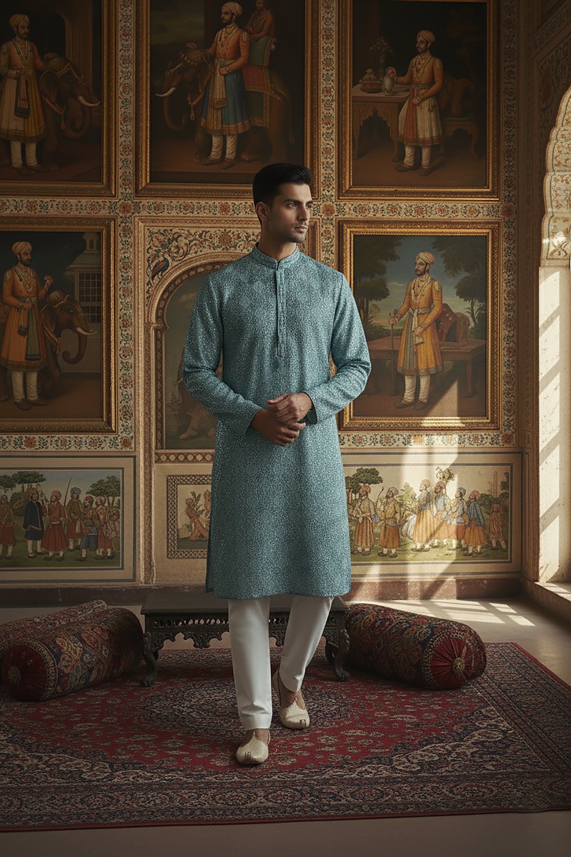 Teal Blue Sequin Embroidered Kurta Set with Off-White Pants – Palkhi Fashion